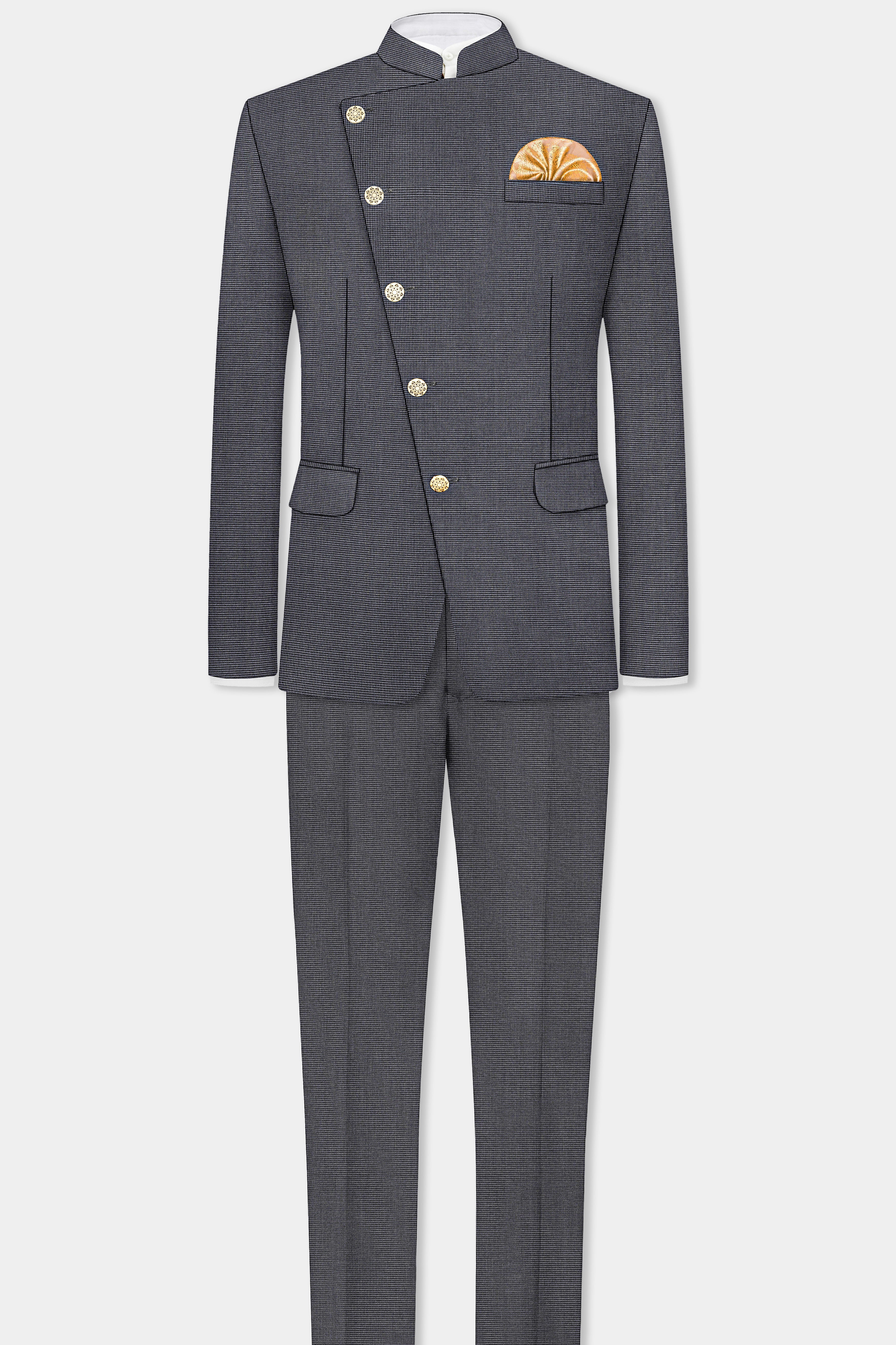 Shaft Gray Textured Wool Blend Cross Placket Bandhgala Suit