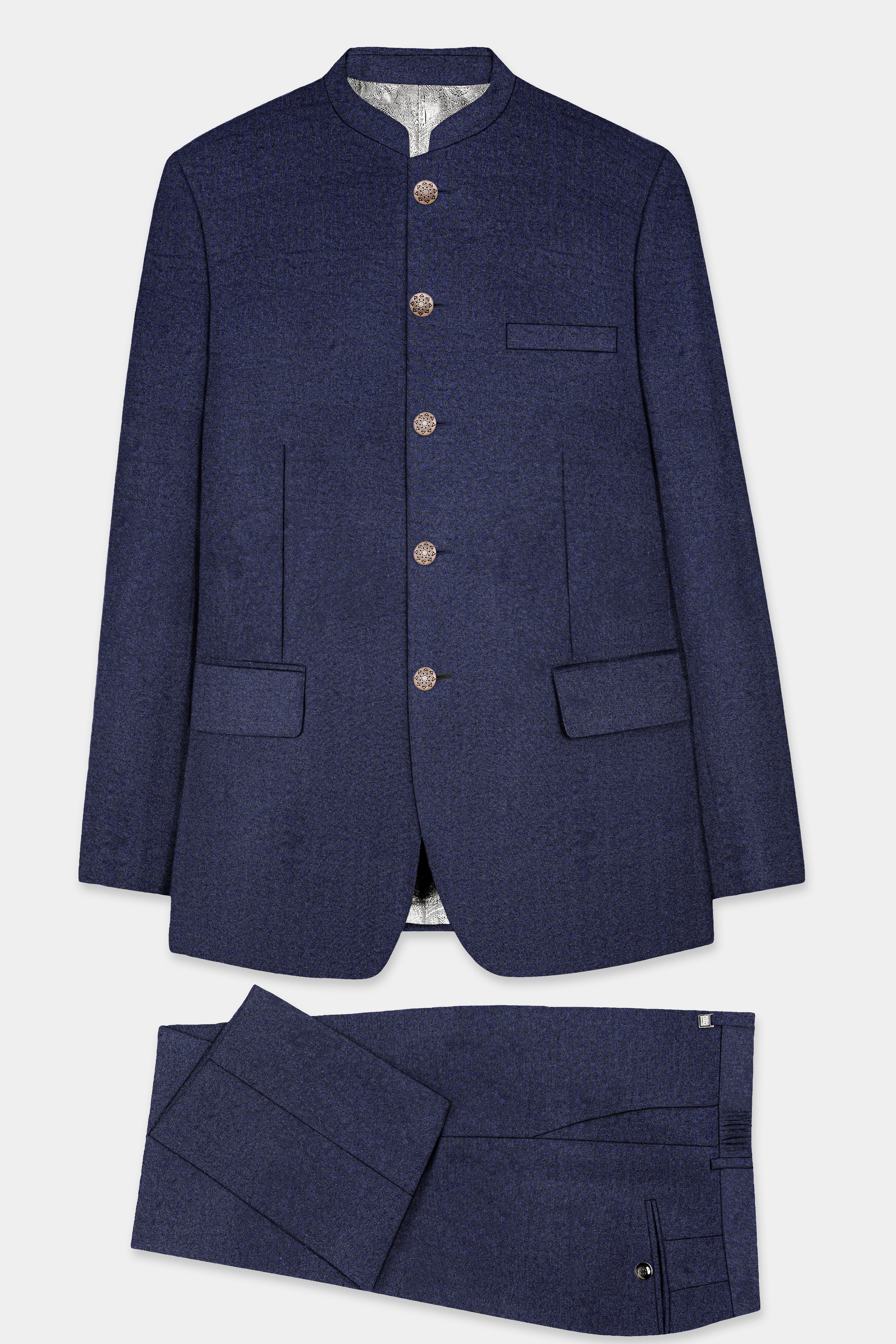 Thunder Blue Solid Wool Blend Bandhgala Suit