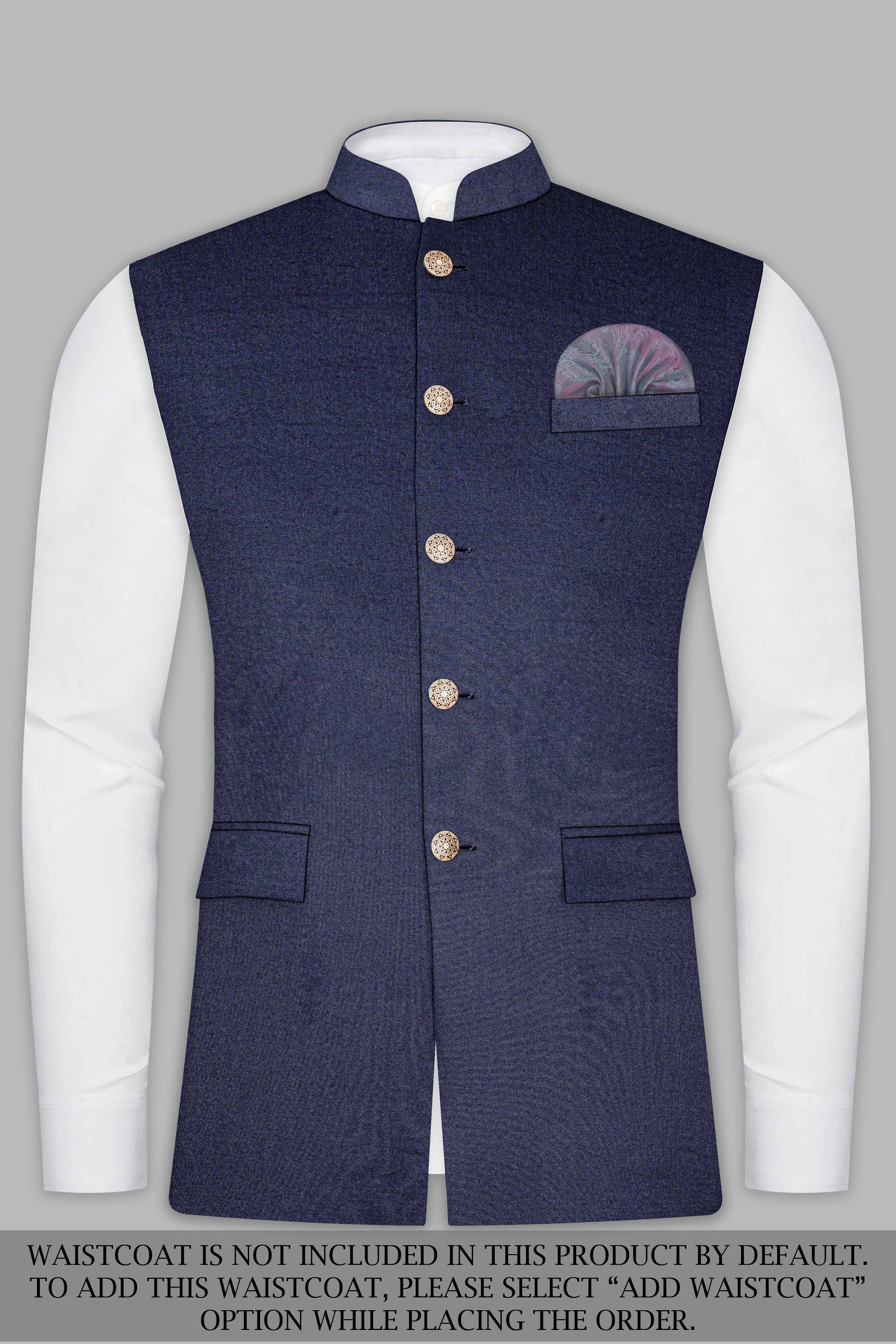 Thunder Blue Solid Wool Blend Bandhgala Suit