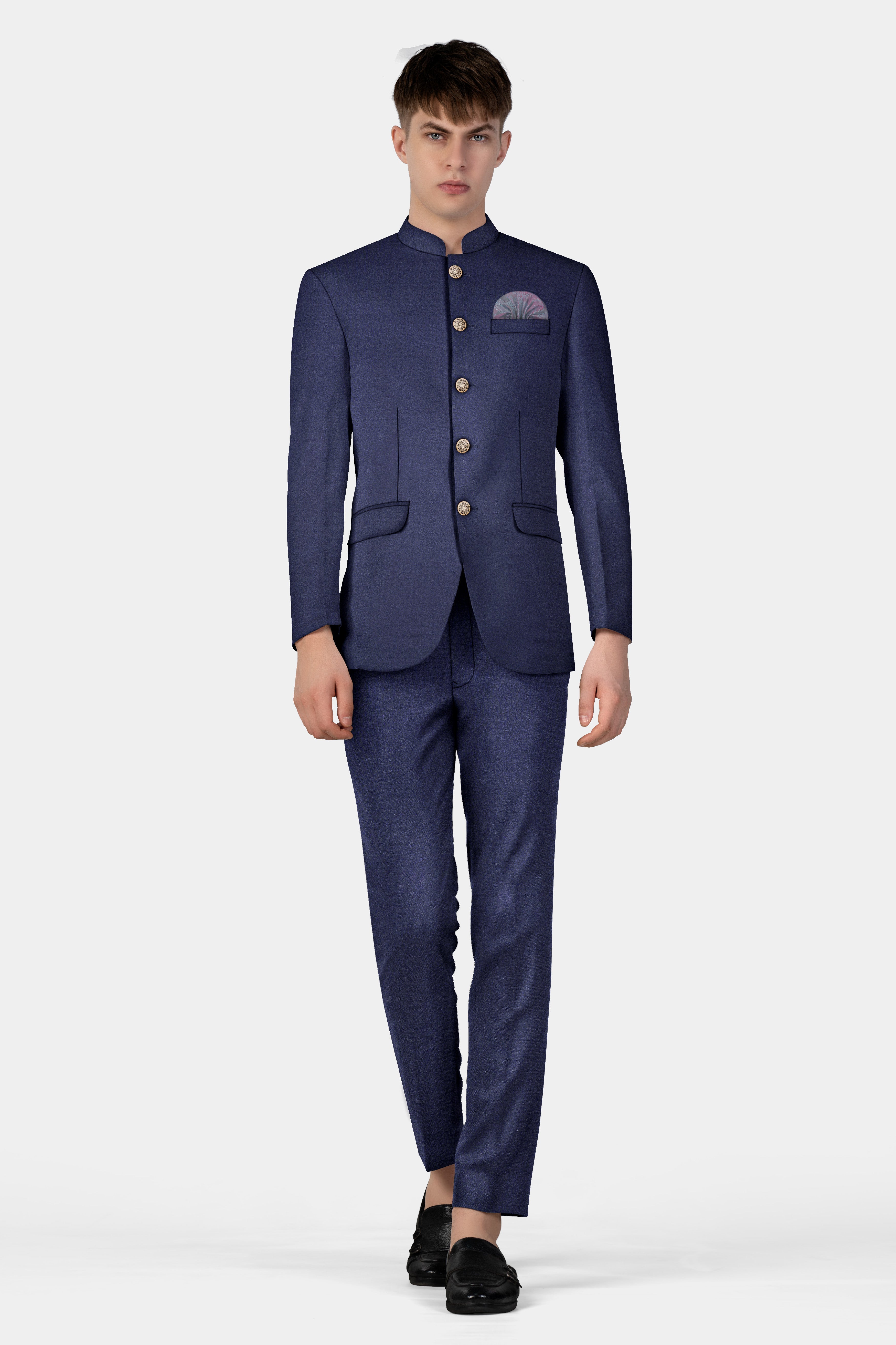 Thunder Blue Solid Wool Blend Bandhgala Suit