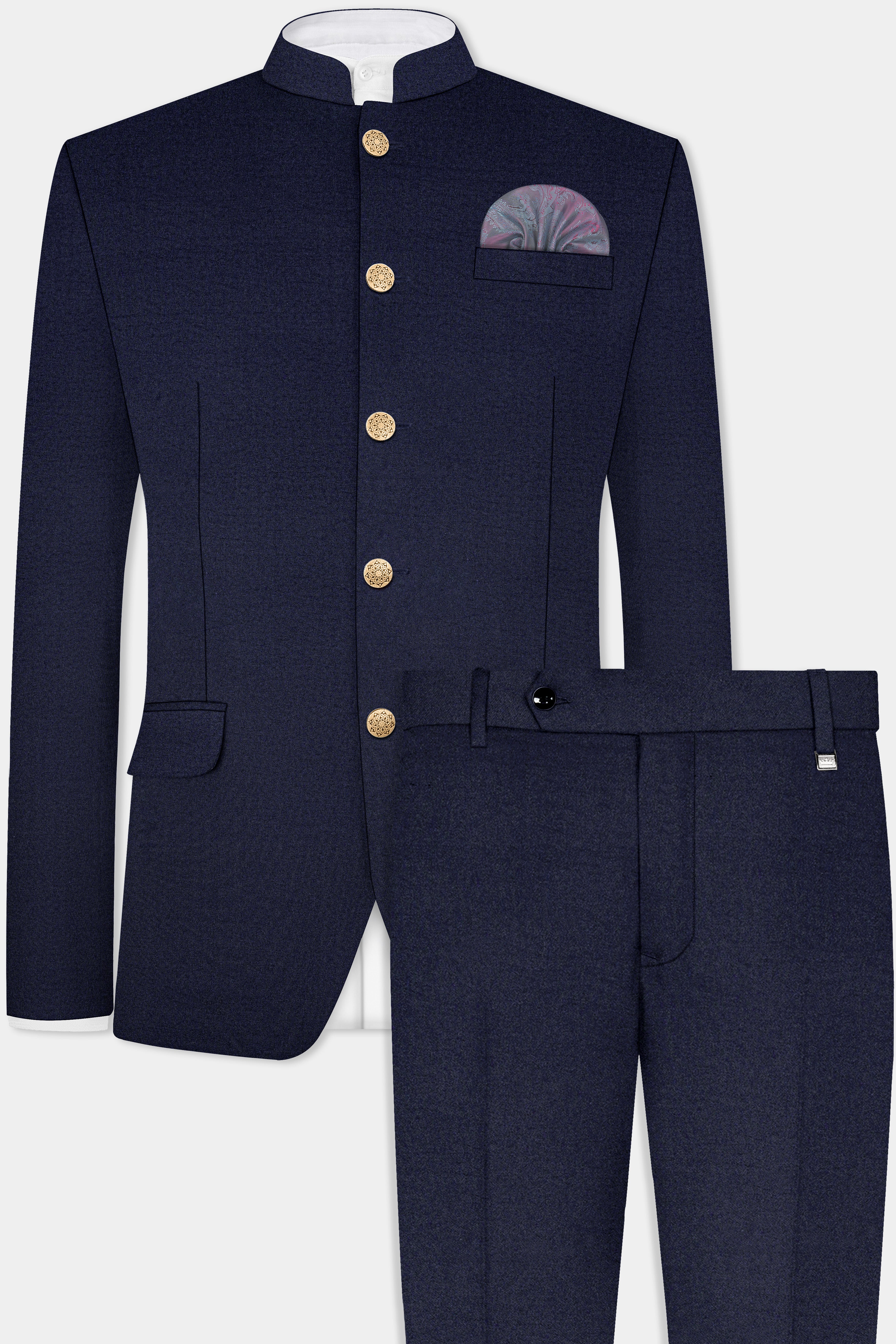 Thunder Blue Solid Wool Blend Bandhgala Suit