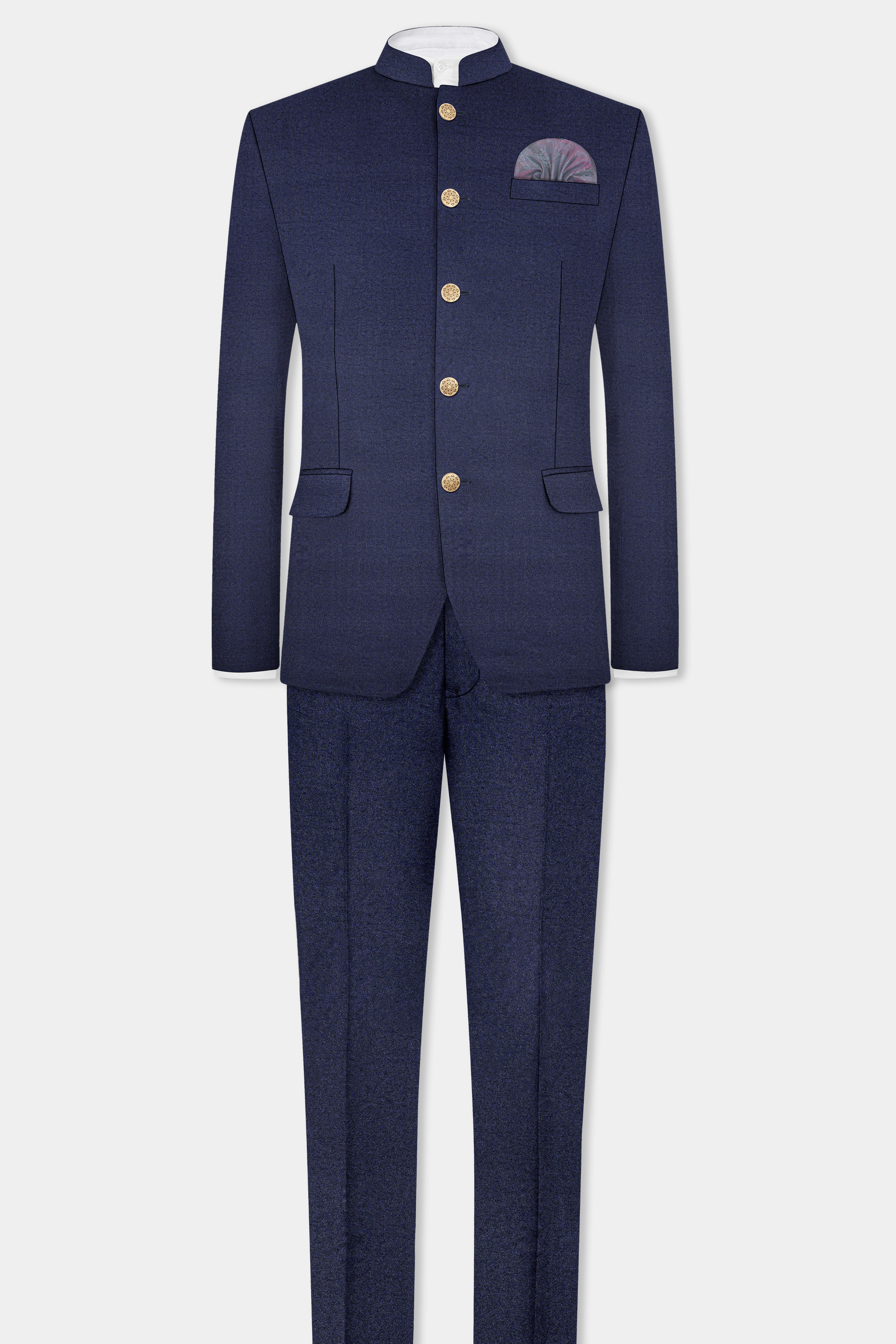 Thunder Blue Solid Wool Blend Bandhgala Suit