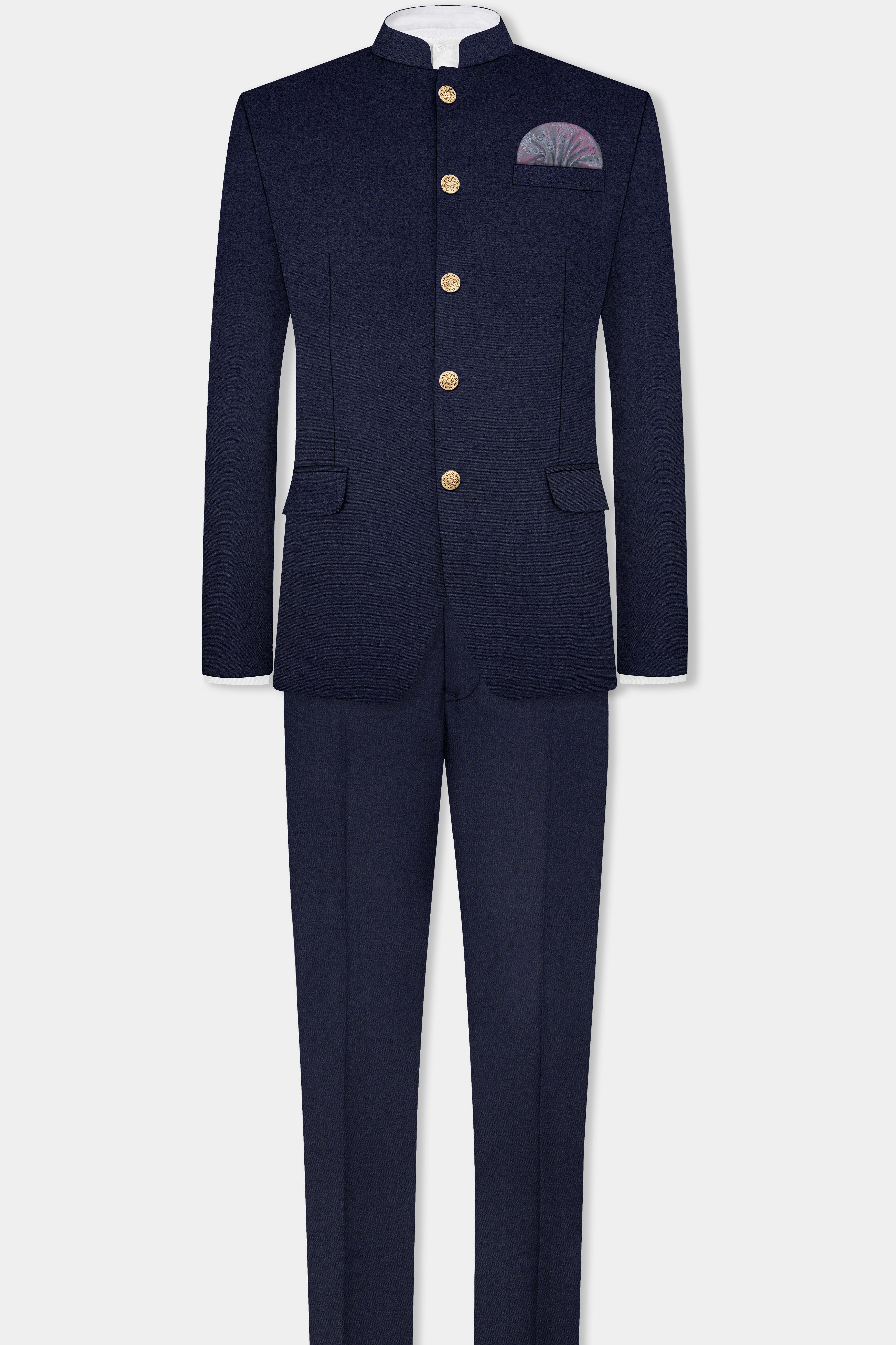 Thunder Blue Solid Wool Blend Bandhgala Suit