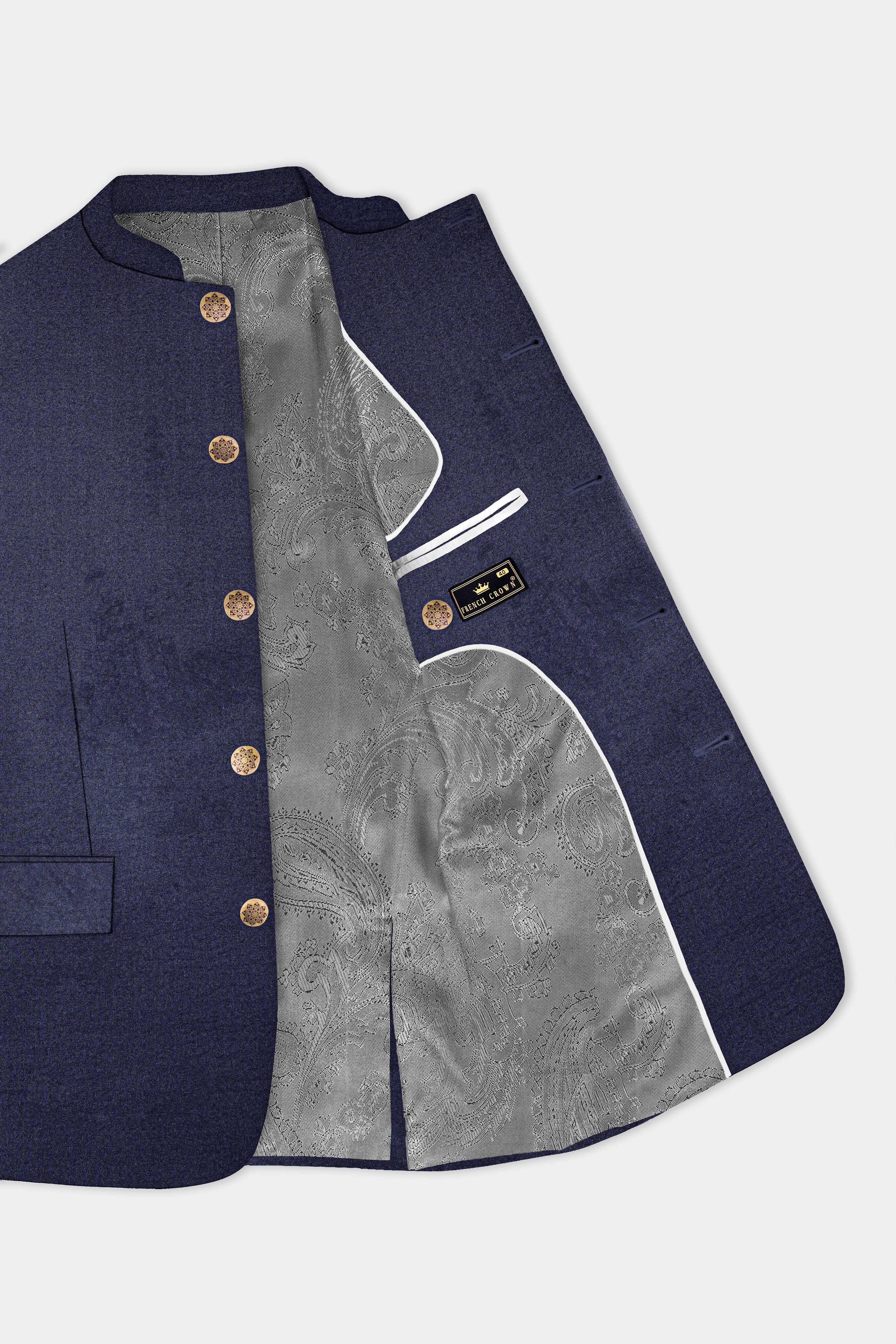 Thunder Blue Solid Wool Blend Bandhgala Suit