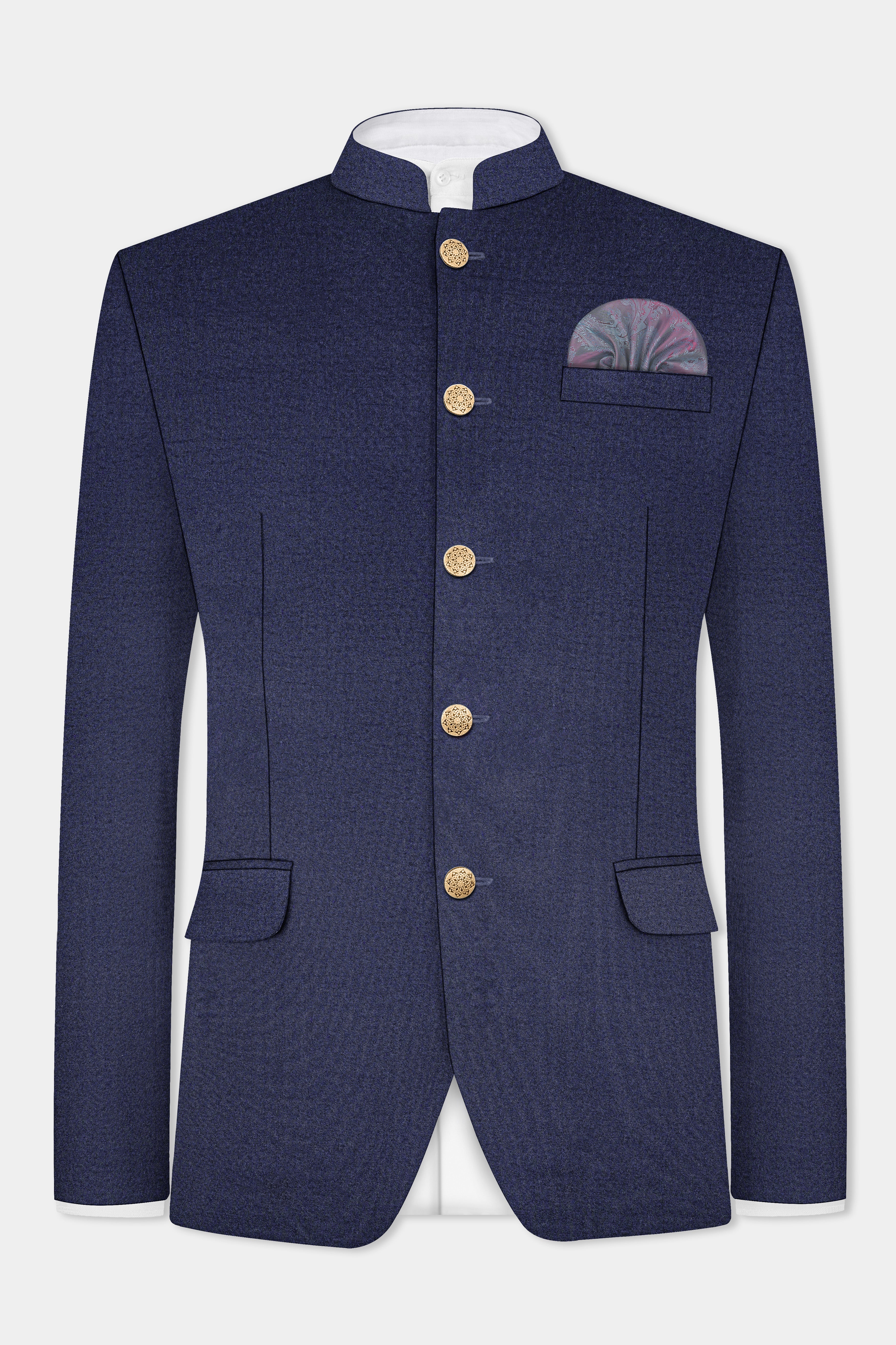 Thunder Blue Solid Wool Blend Bandhgala Suit