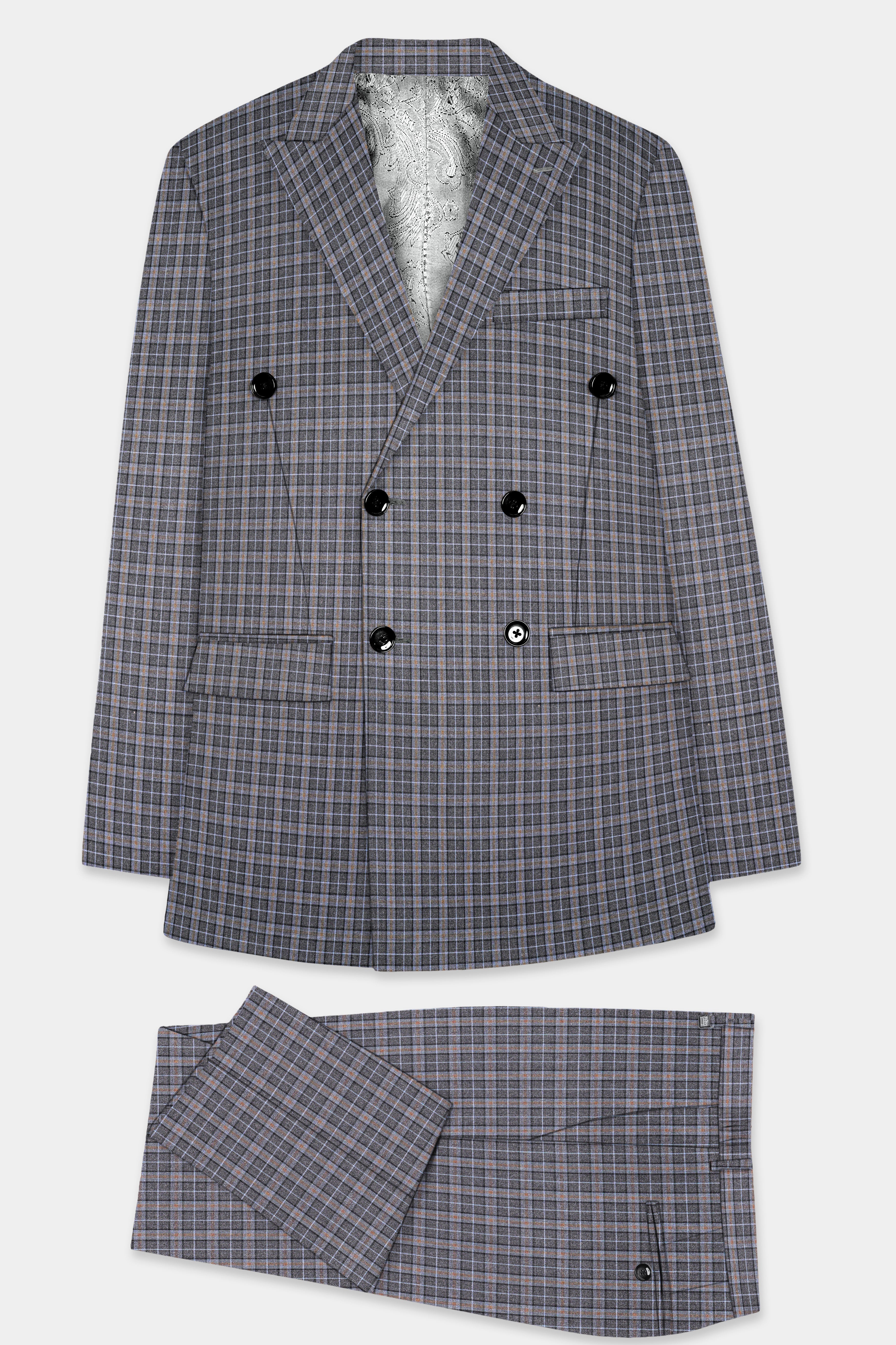 Smokey Gray Plaid Wool Blend Double Breasted Suit