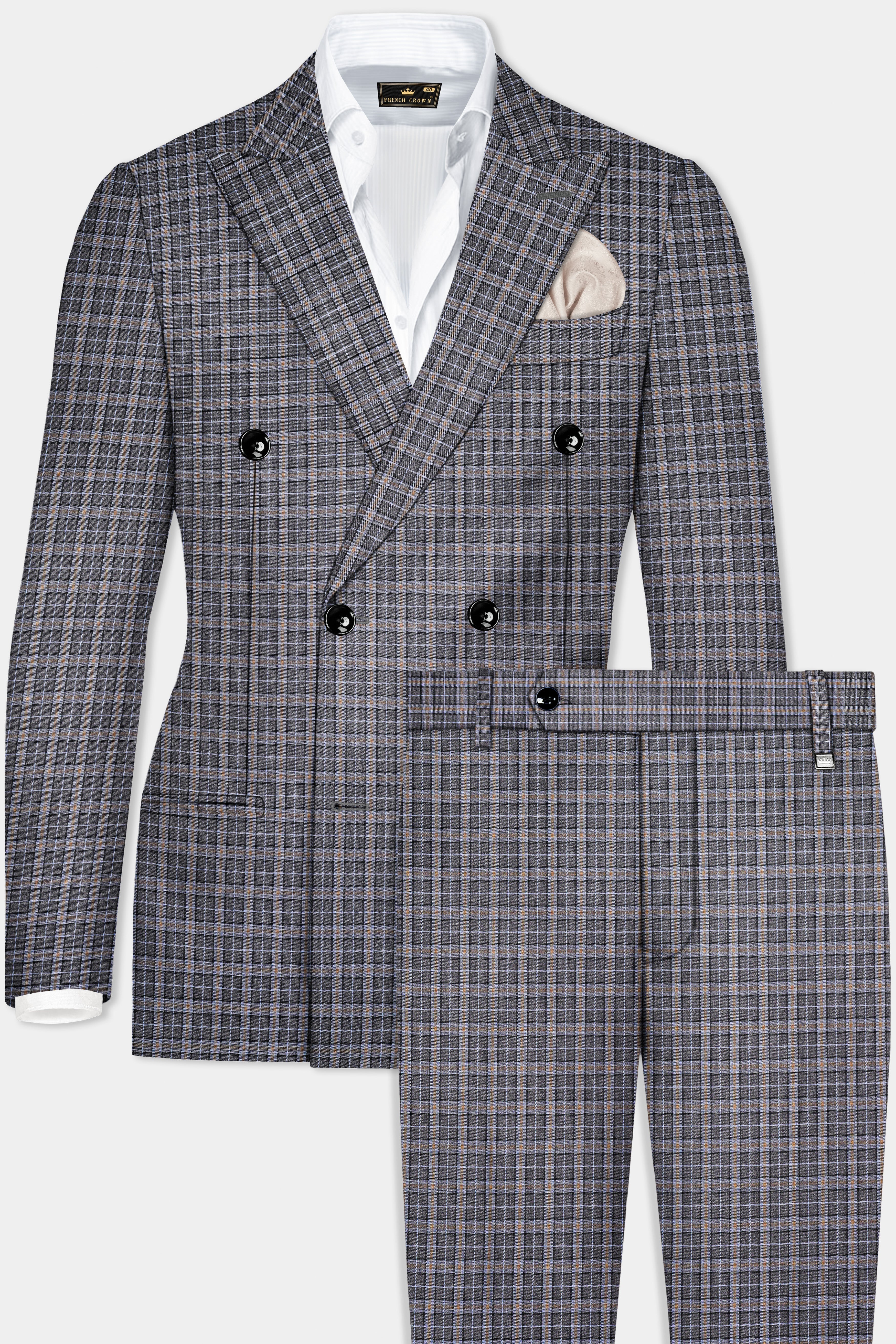 Smokey Gray Plaid Wool Blend Double Breasted Suit