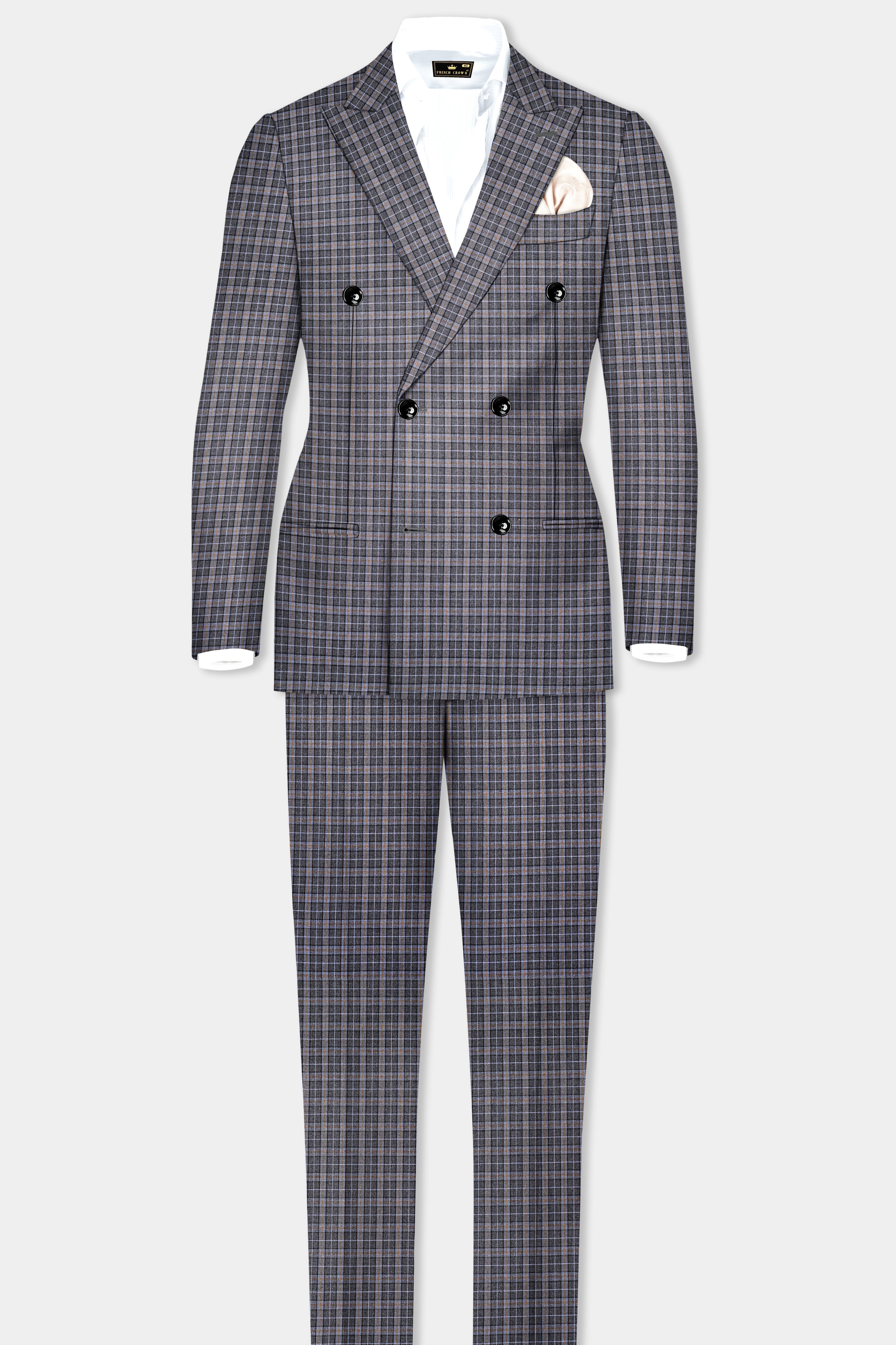 Smokey Gray Plaid Wool Blend Double Breasted Suit