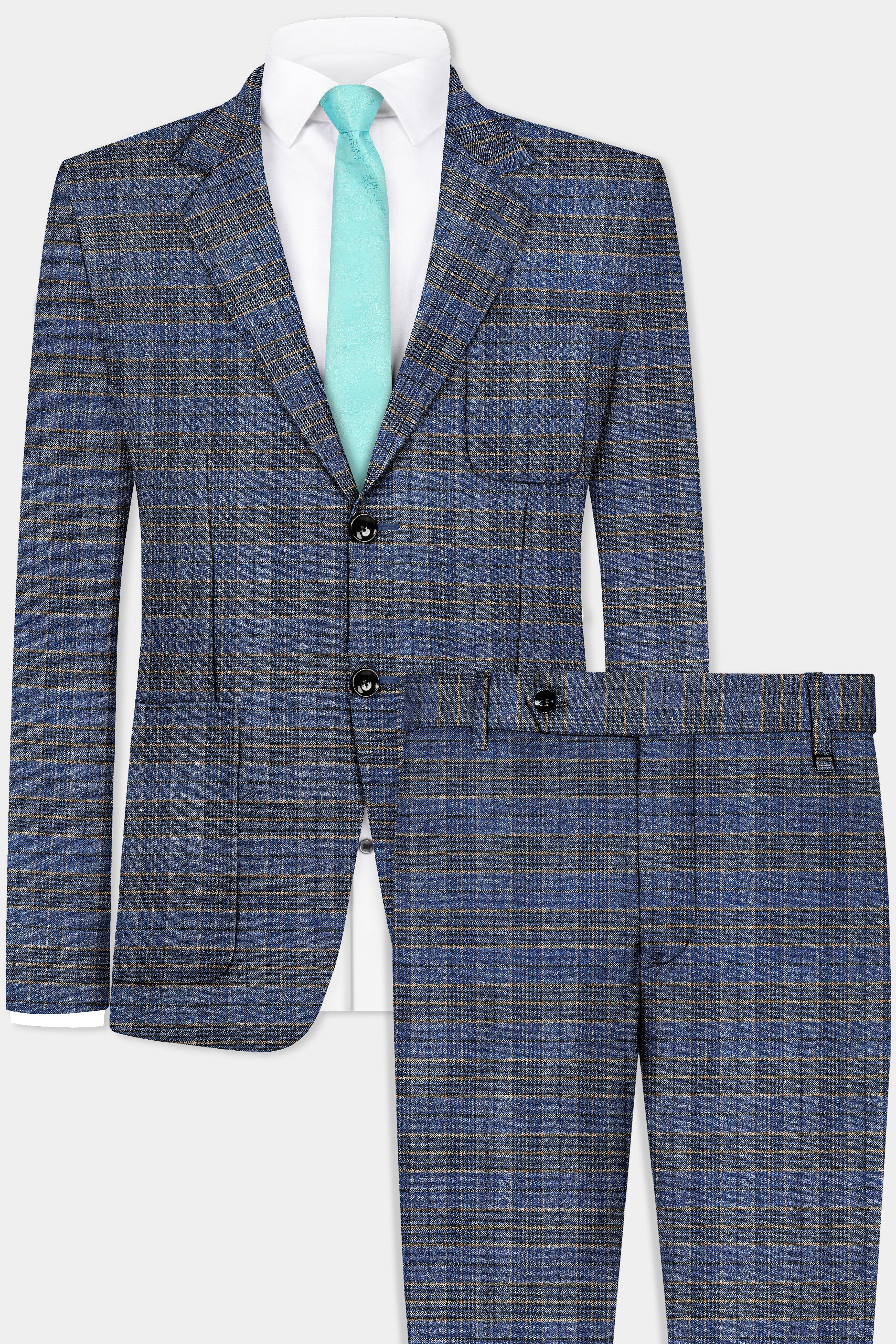 Dianne Blue Plaid Wool Blend Single Breasted Designer Suit