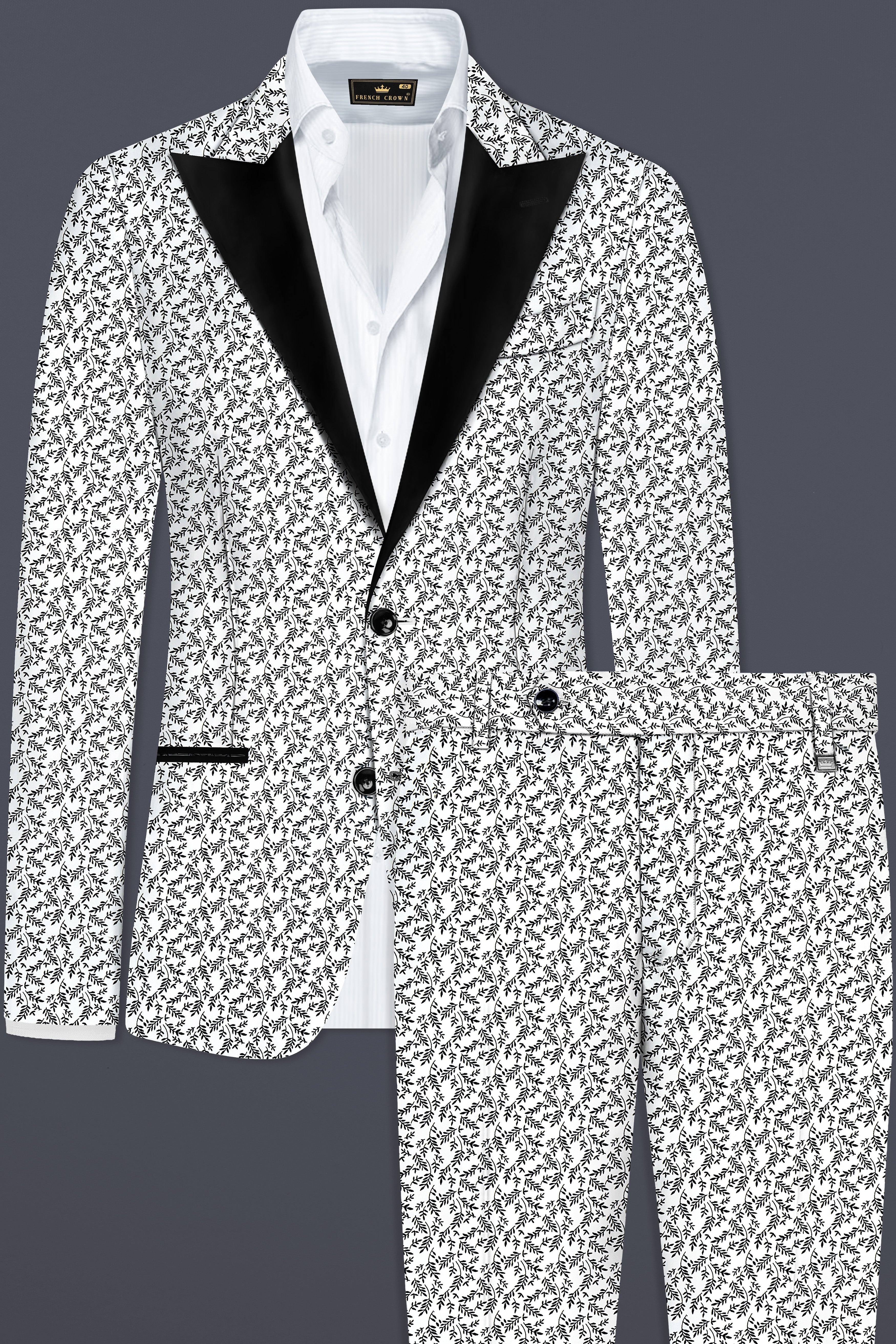 Bright White And Jade Black Printed Cotton Peak Lapel Tuxedo Suit