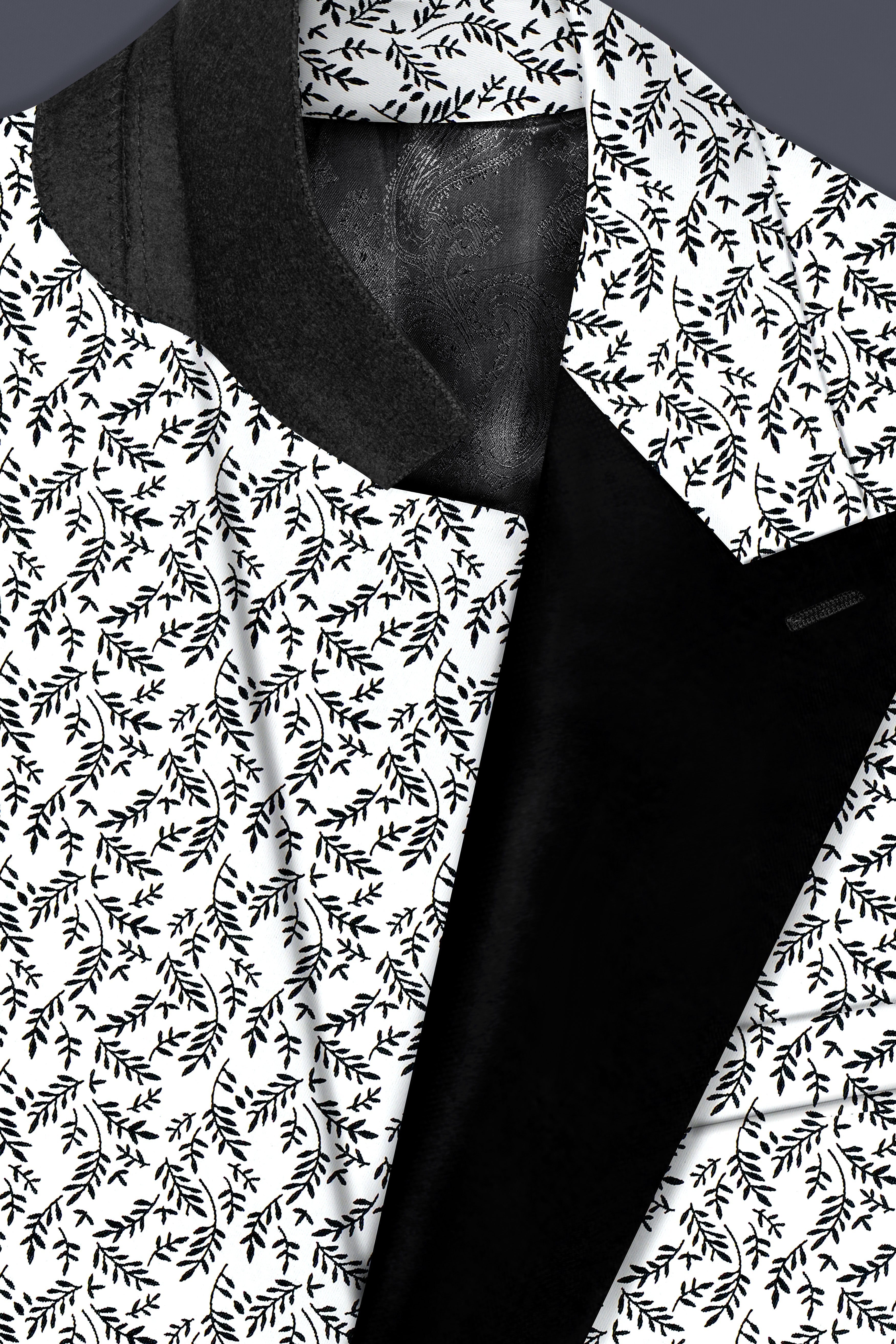 Bright White And Jade Black Printed Cotton Peak Collar Tuxedo Suit