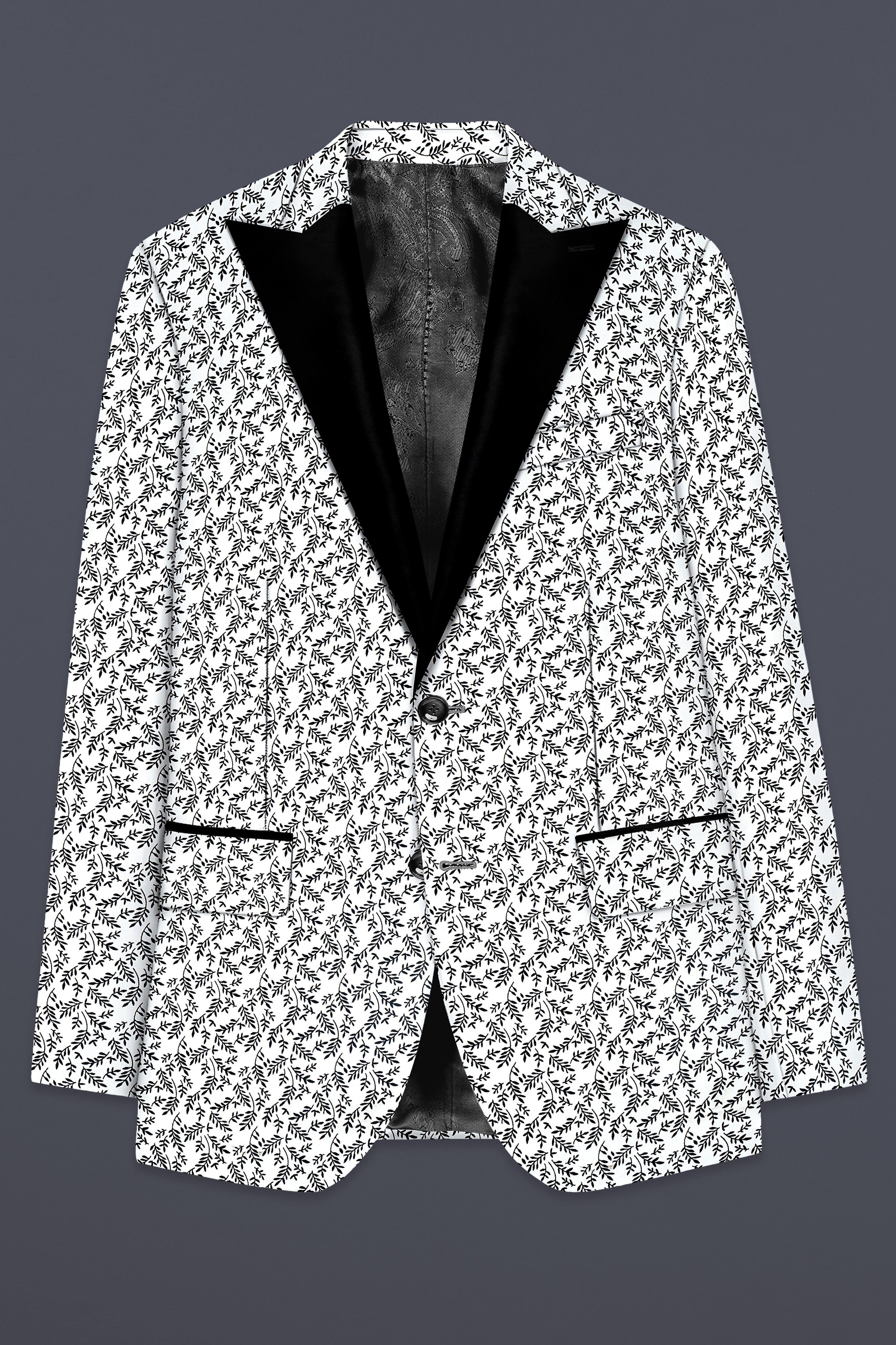 Bright White And Jade Black Printed Cotton Peak Collar Tuxedo Suit