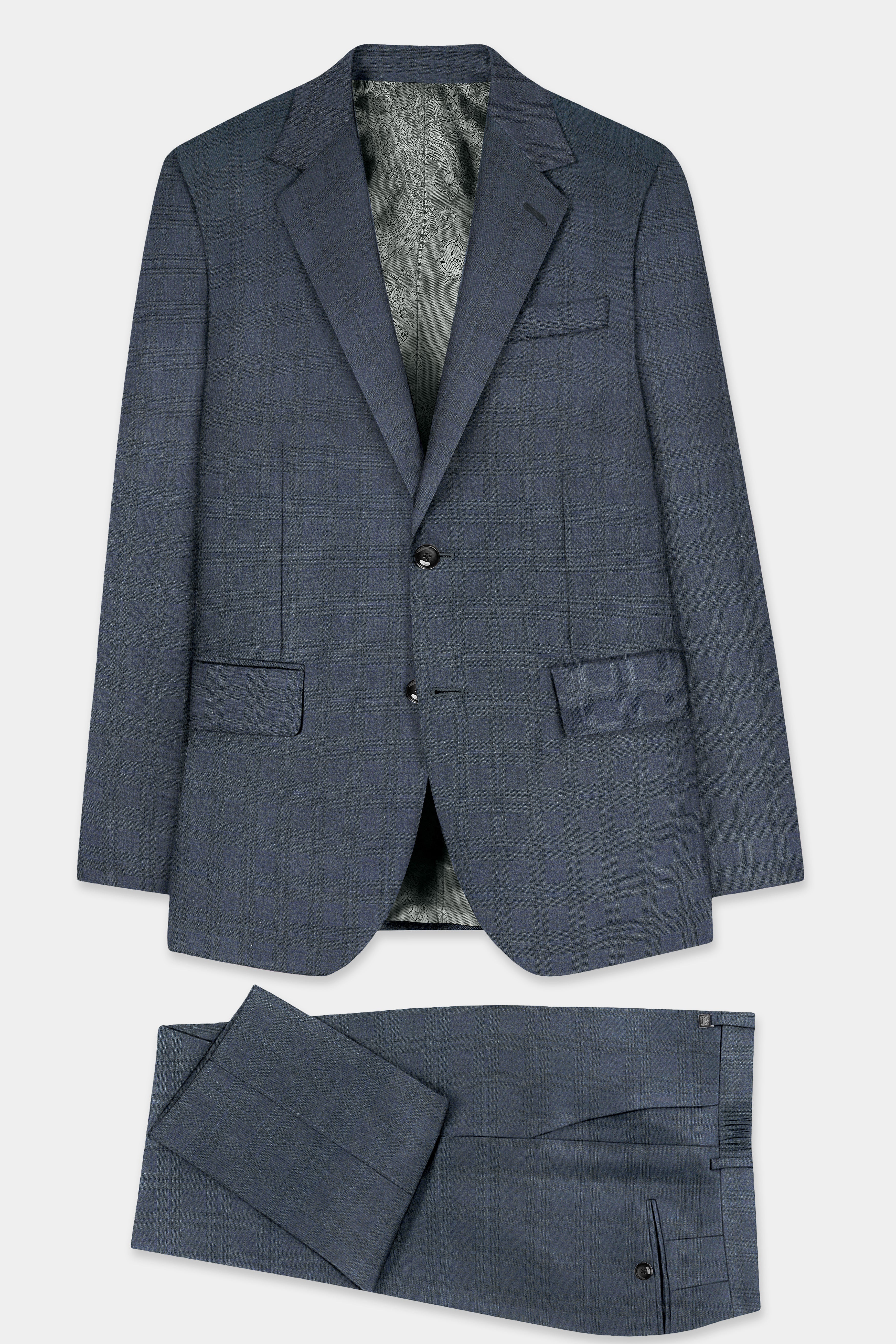 Space Green Textured Wool Blend Single Breasted Suit