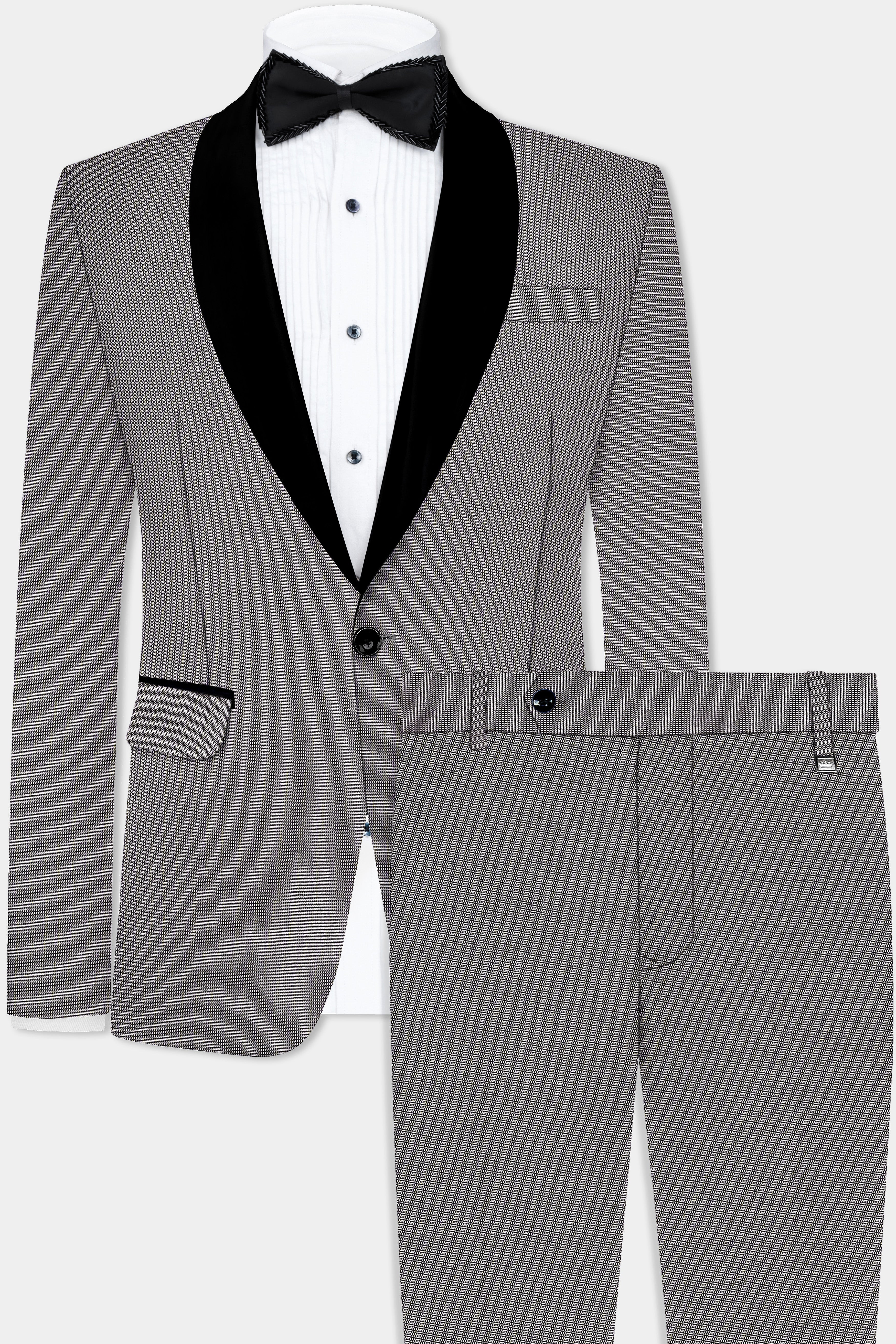 Vampire Gray Textured Wool Blend Peak Collar Tuxedo Suit