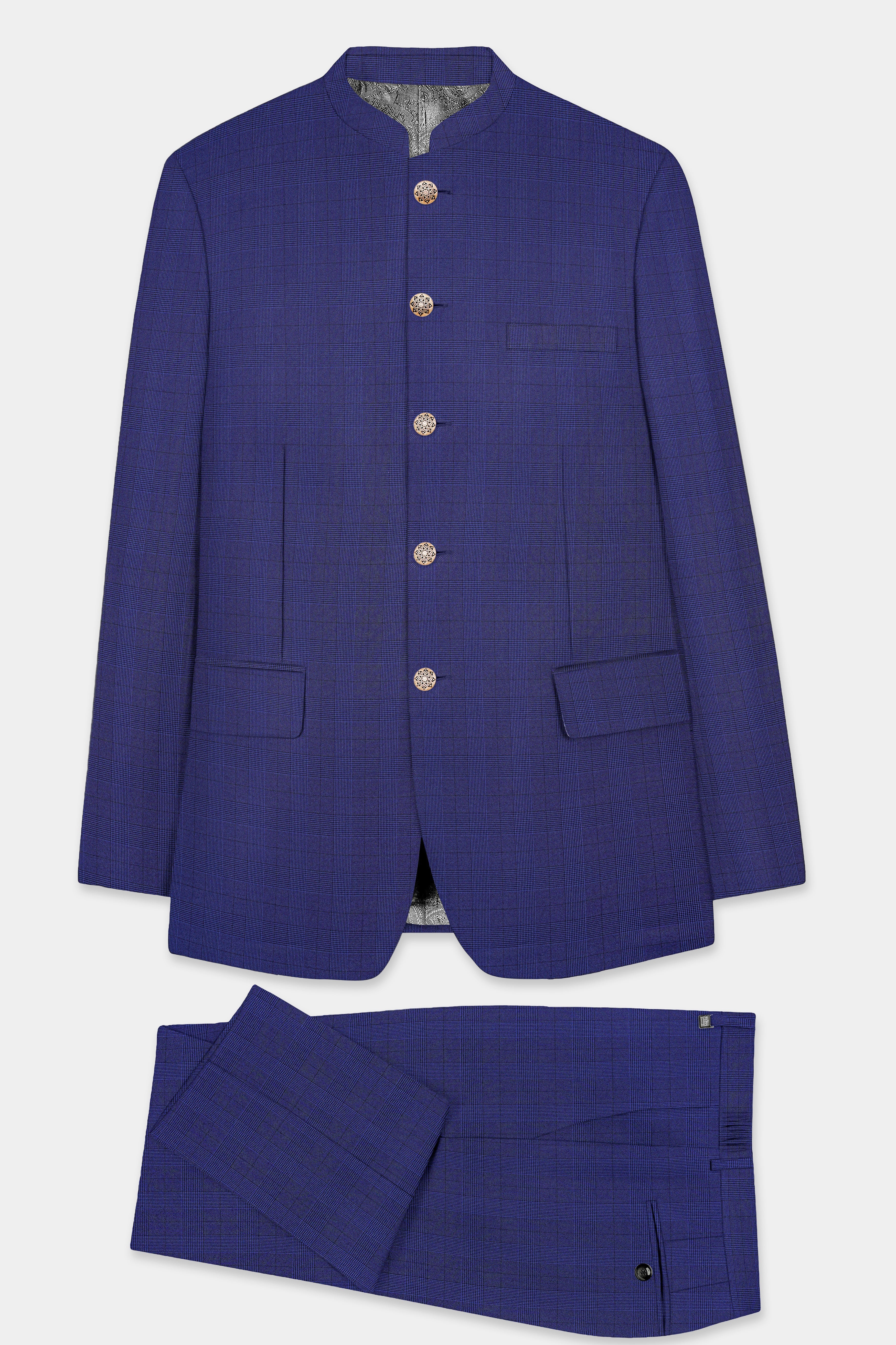 Martinique Blue Plaid Wool Blend Bandhgala Suit