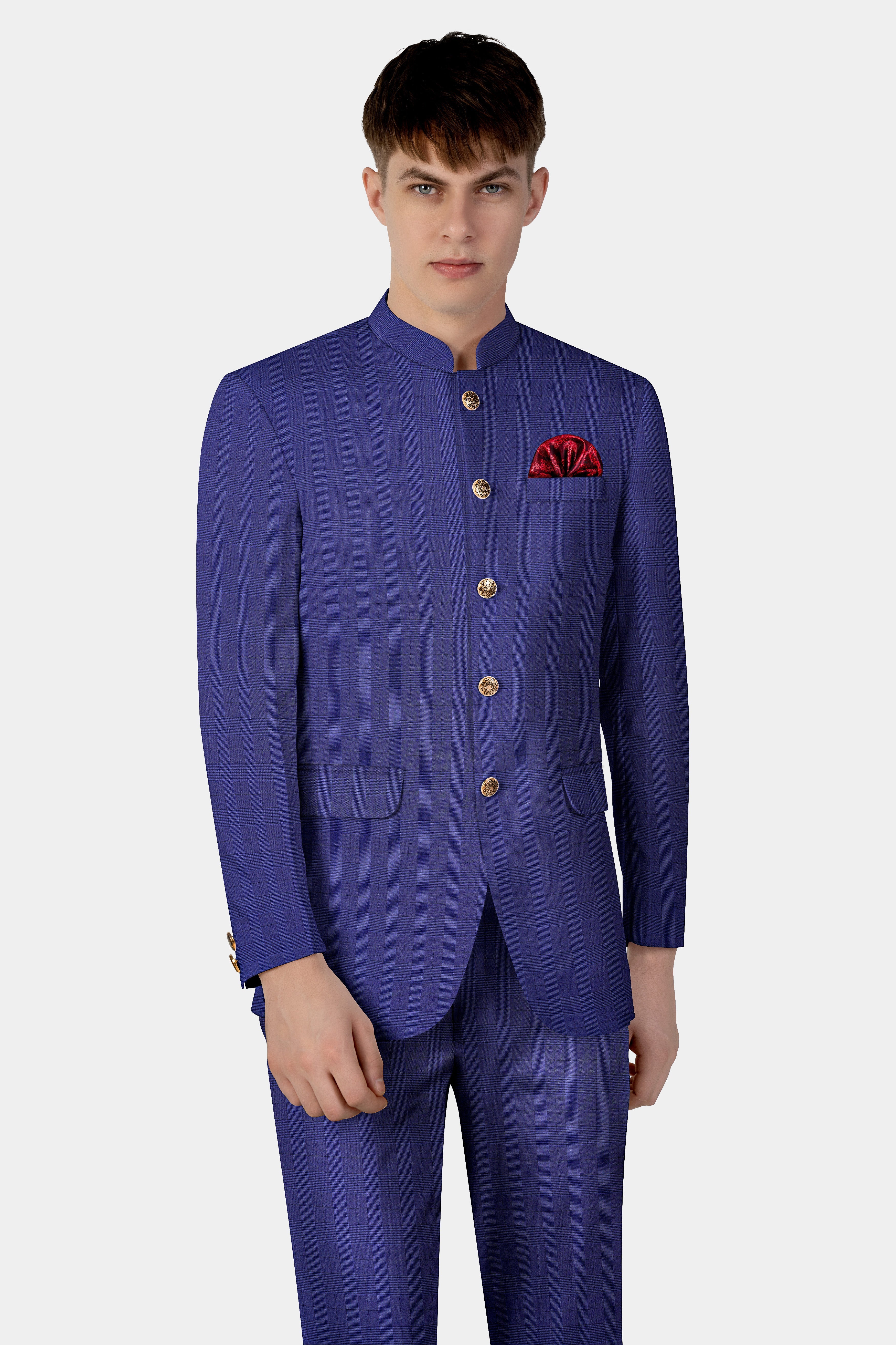 Martinique Blue Plaid Wool Blend Bandhgala Suit