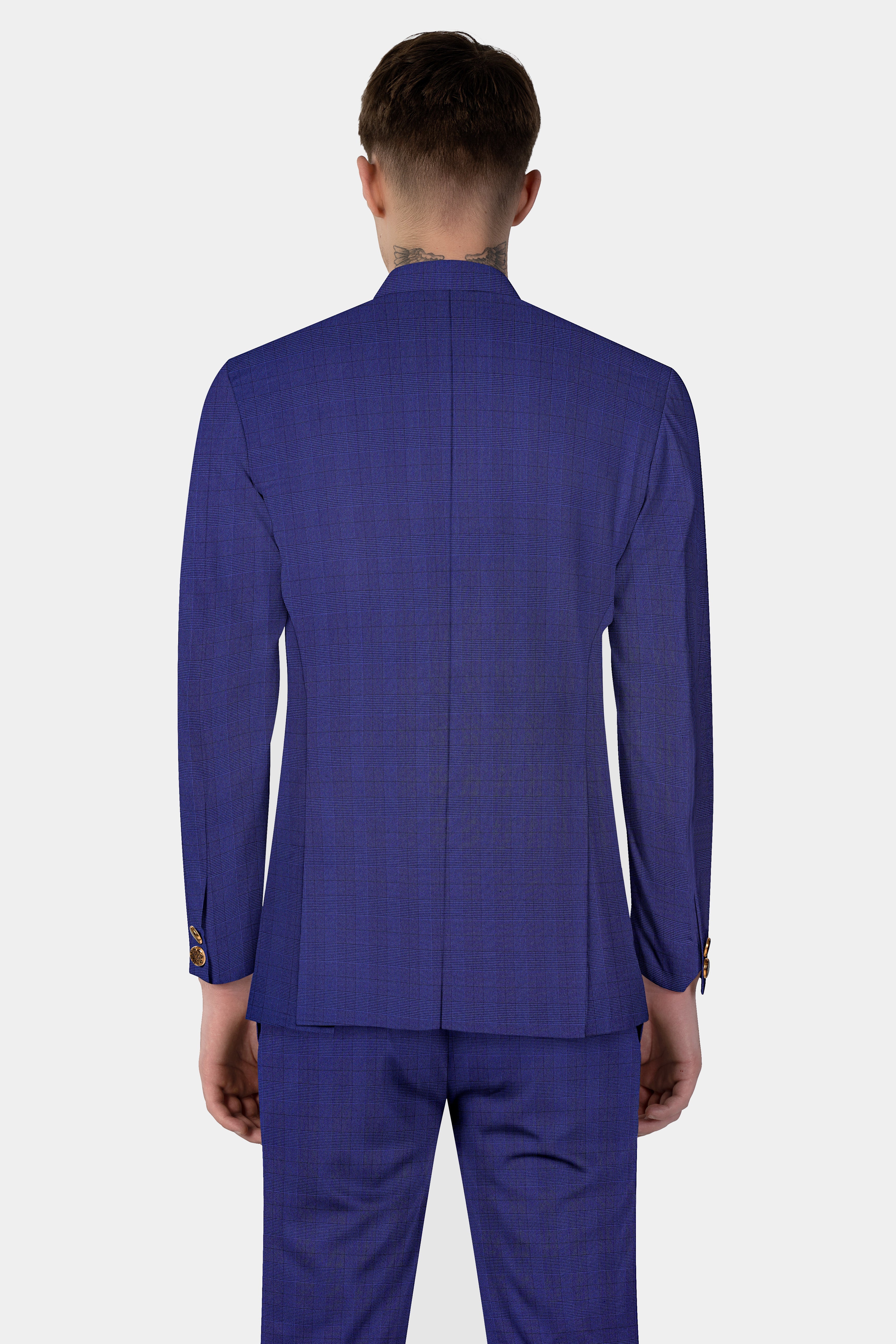 Martinique Blue Plaid Wool Blend Bandhgala Suit