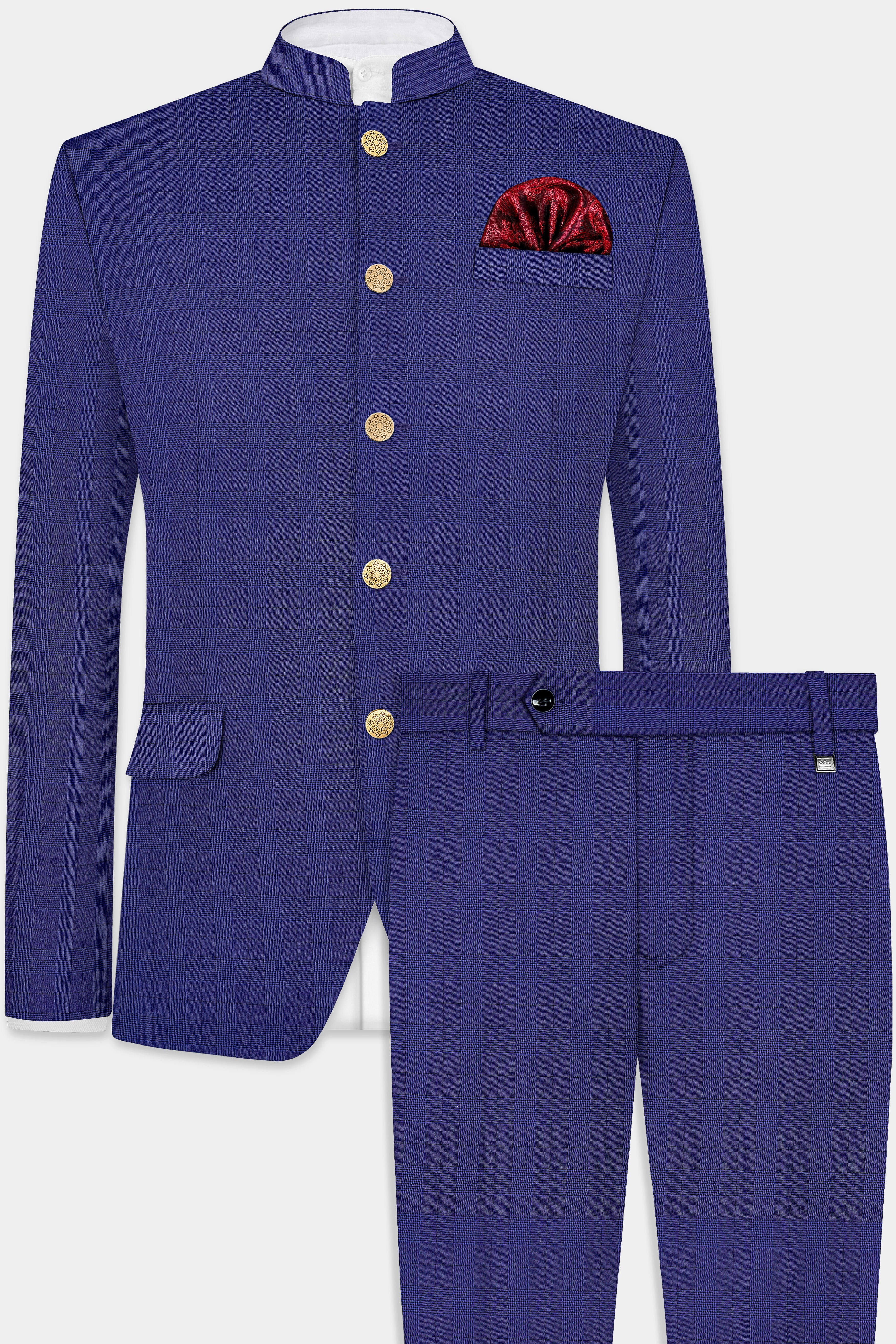 Martinique Blue Plaid Wool Blend Bandhgala Suit