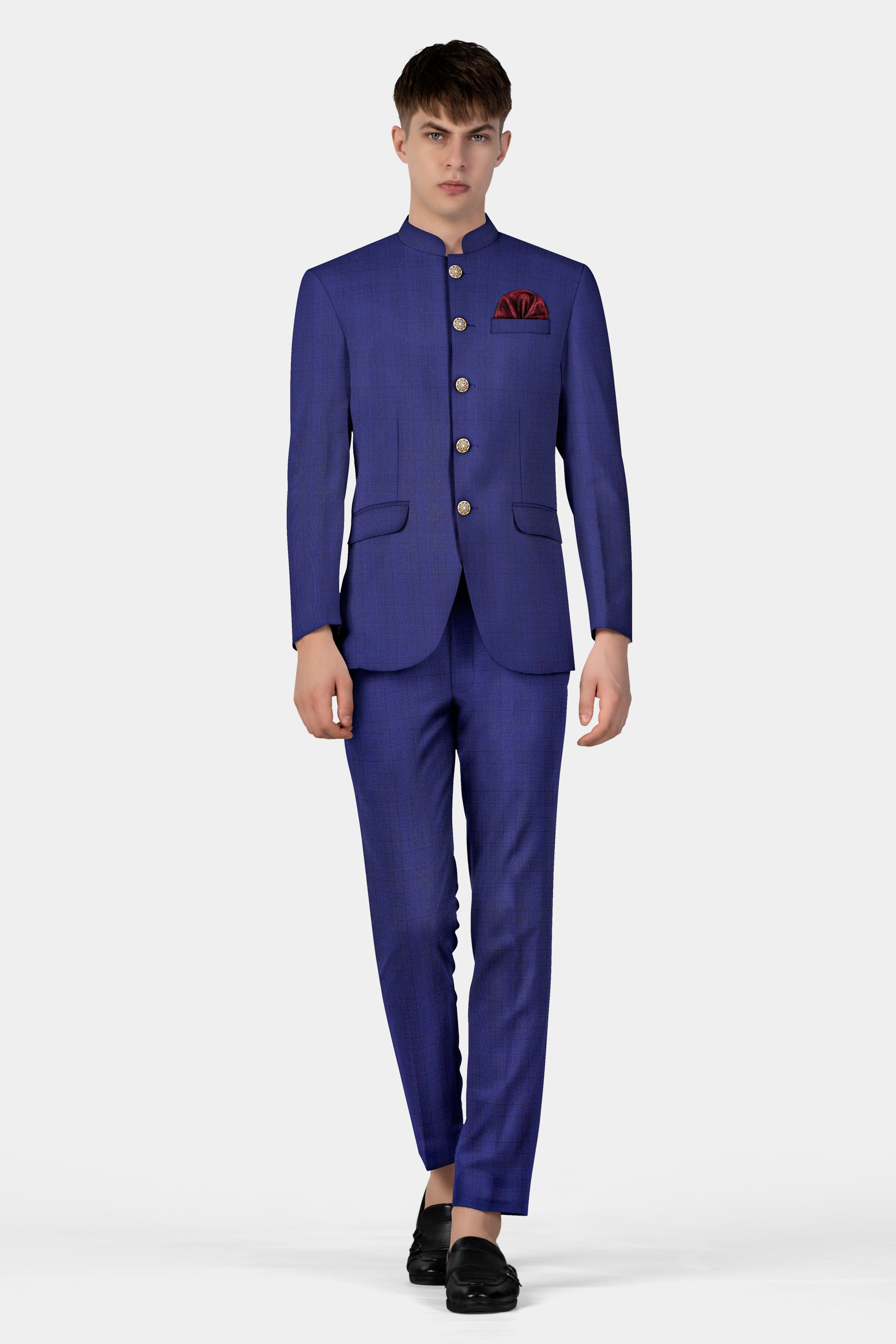 Martinique Blue Plaid Wool Blend Bandhgala Suit