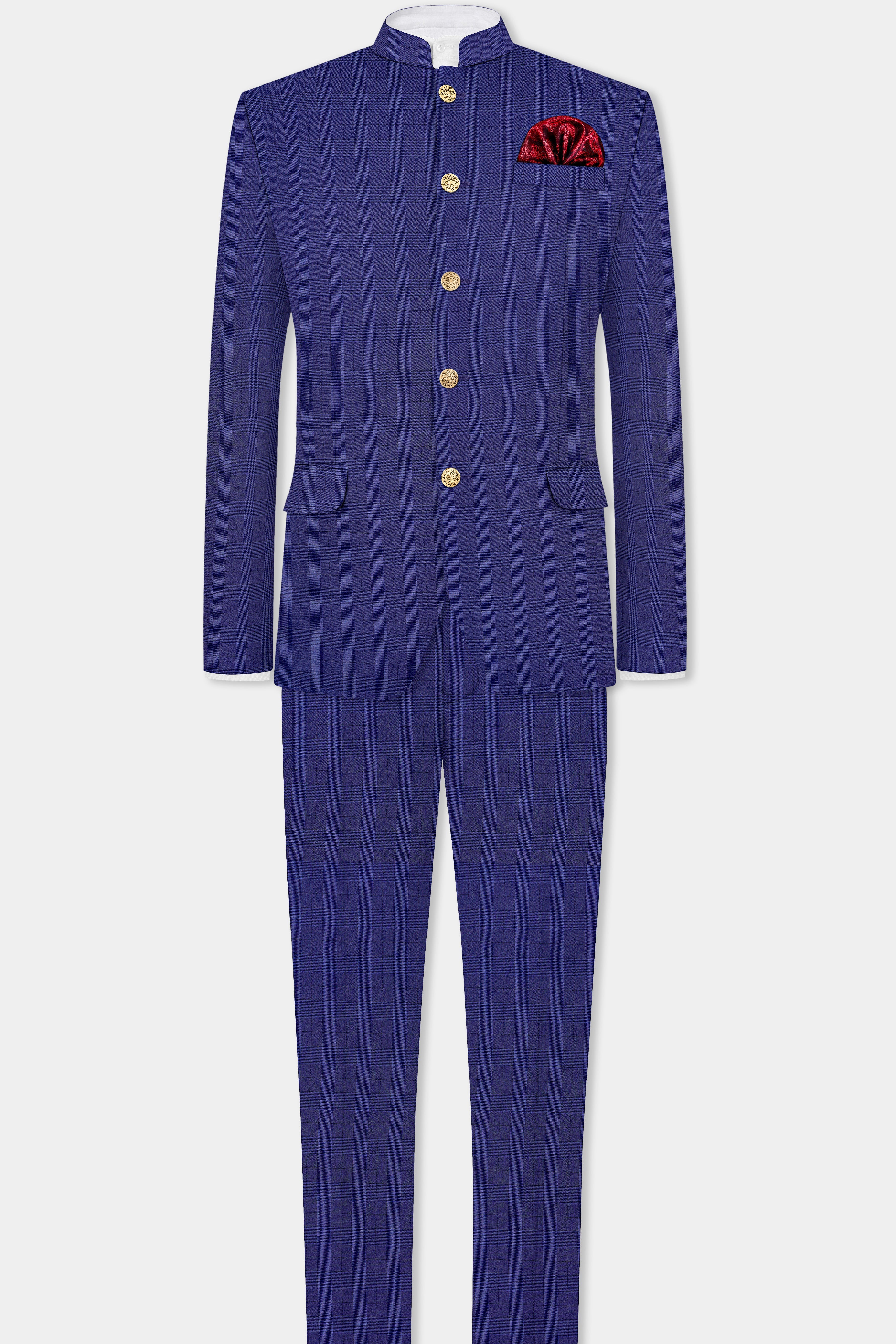 Martinique Blue Plaid Wool Blend Bandhgala Suit