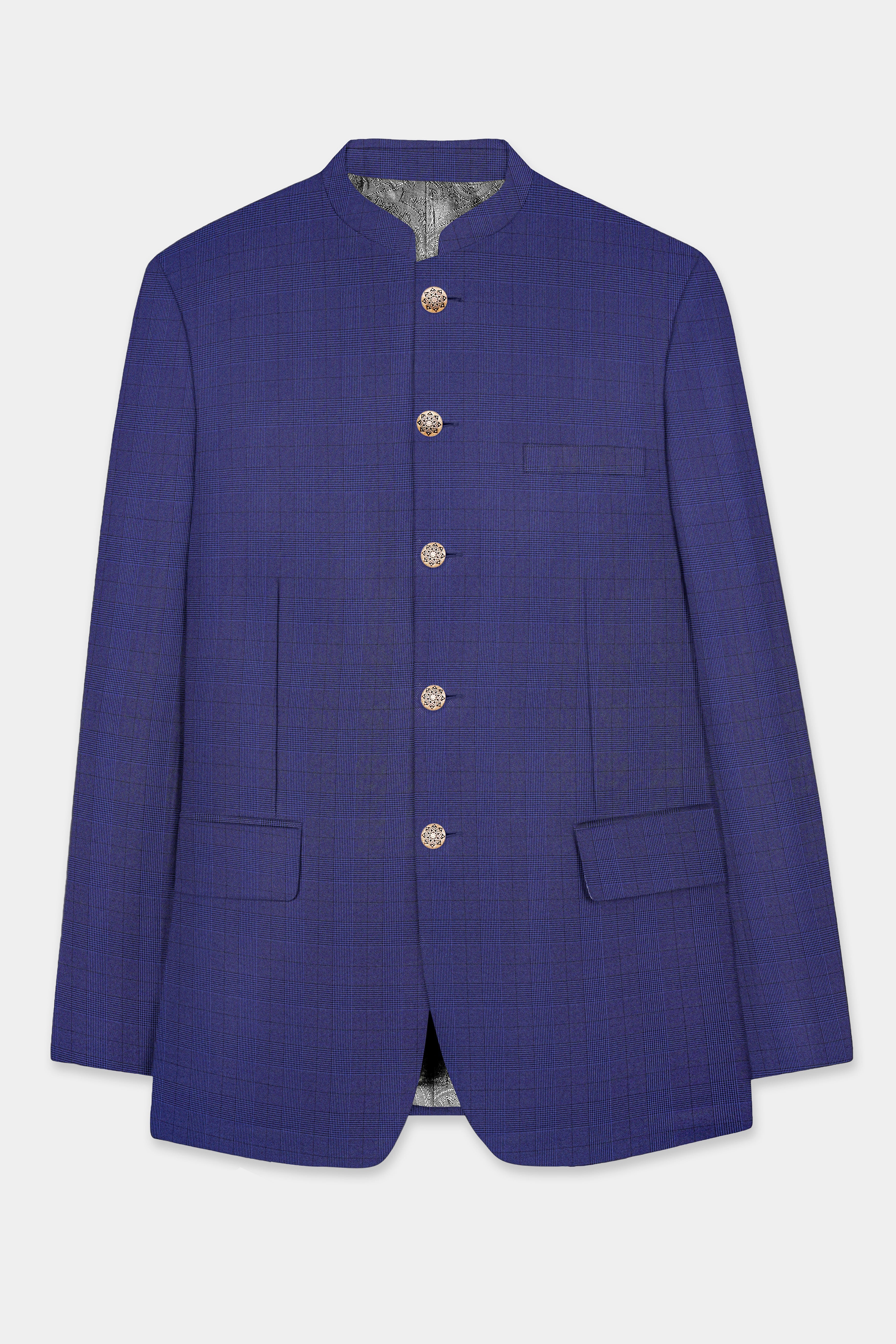 Martinique Blue Plaid Wool Blend Bandhgala Suit