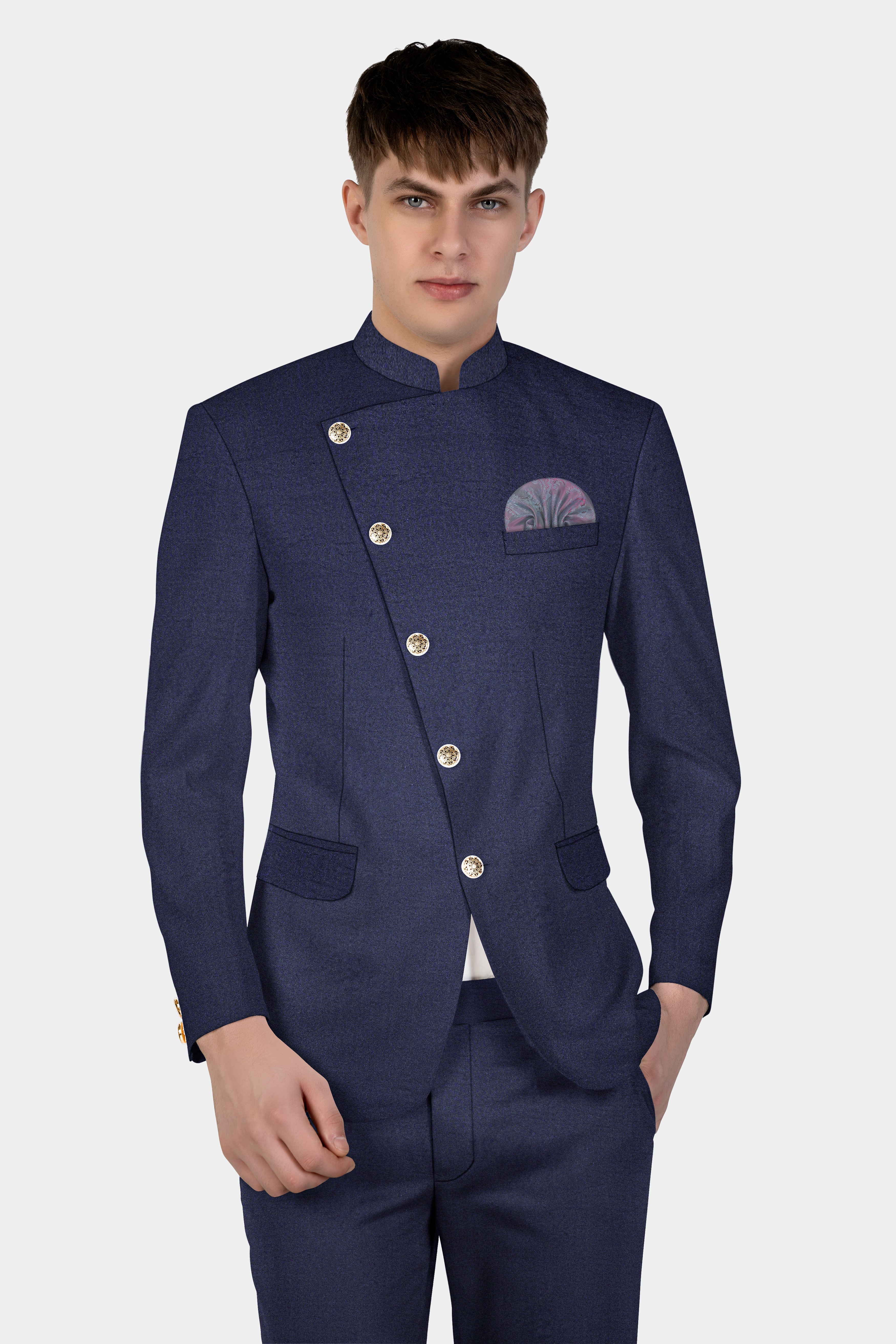 Thunder Blue Solid Wool Blend Cross Placket Bandhgala Suit