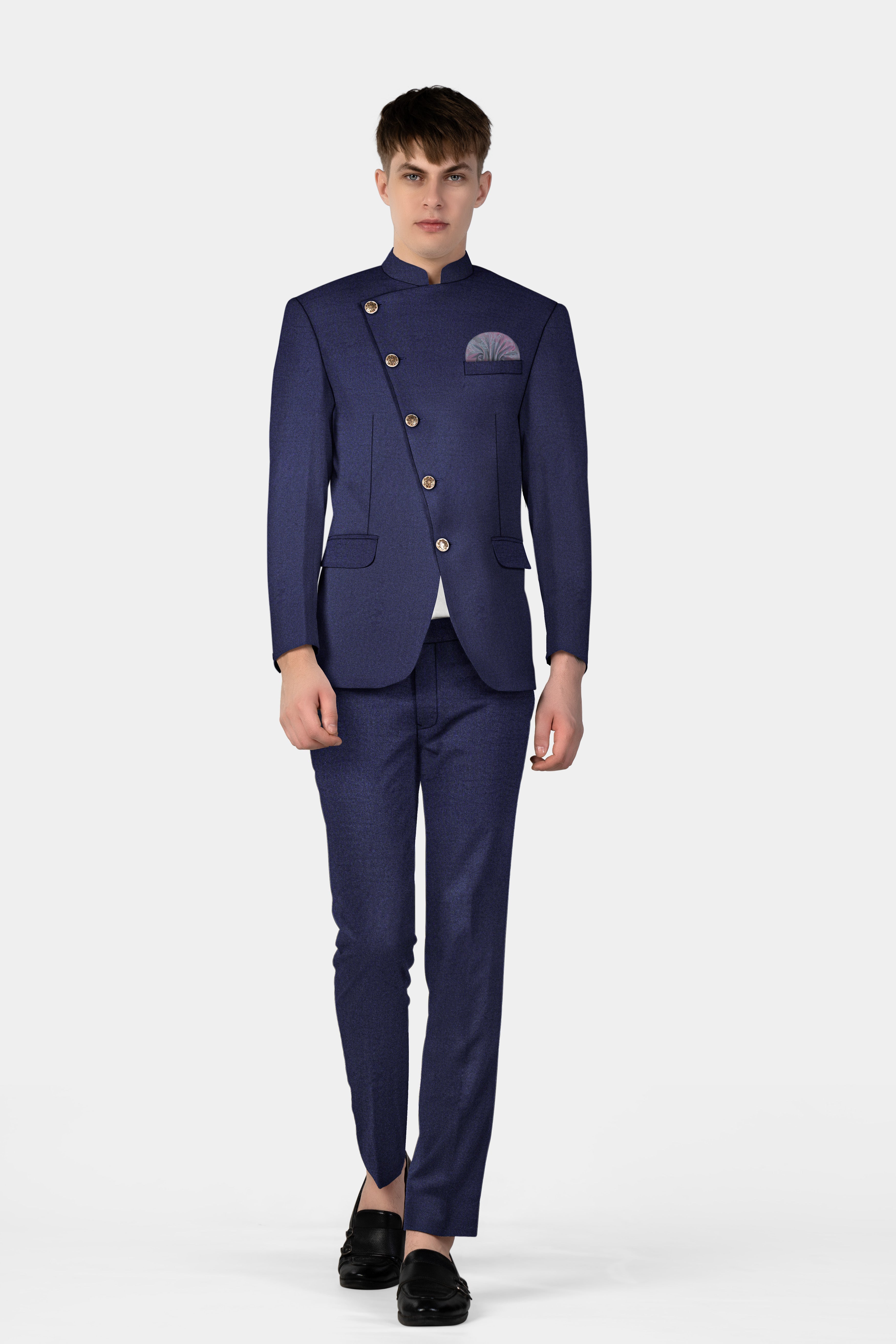 Thunder Blue Solid Wool Blend Cross Placket Bandhgala Suit