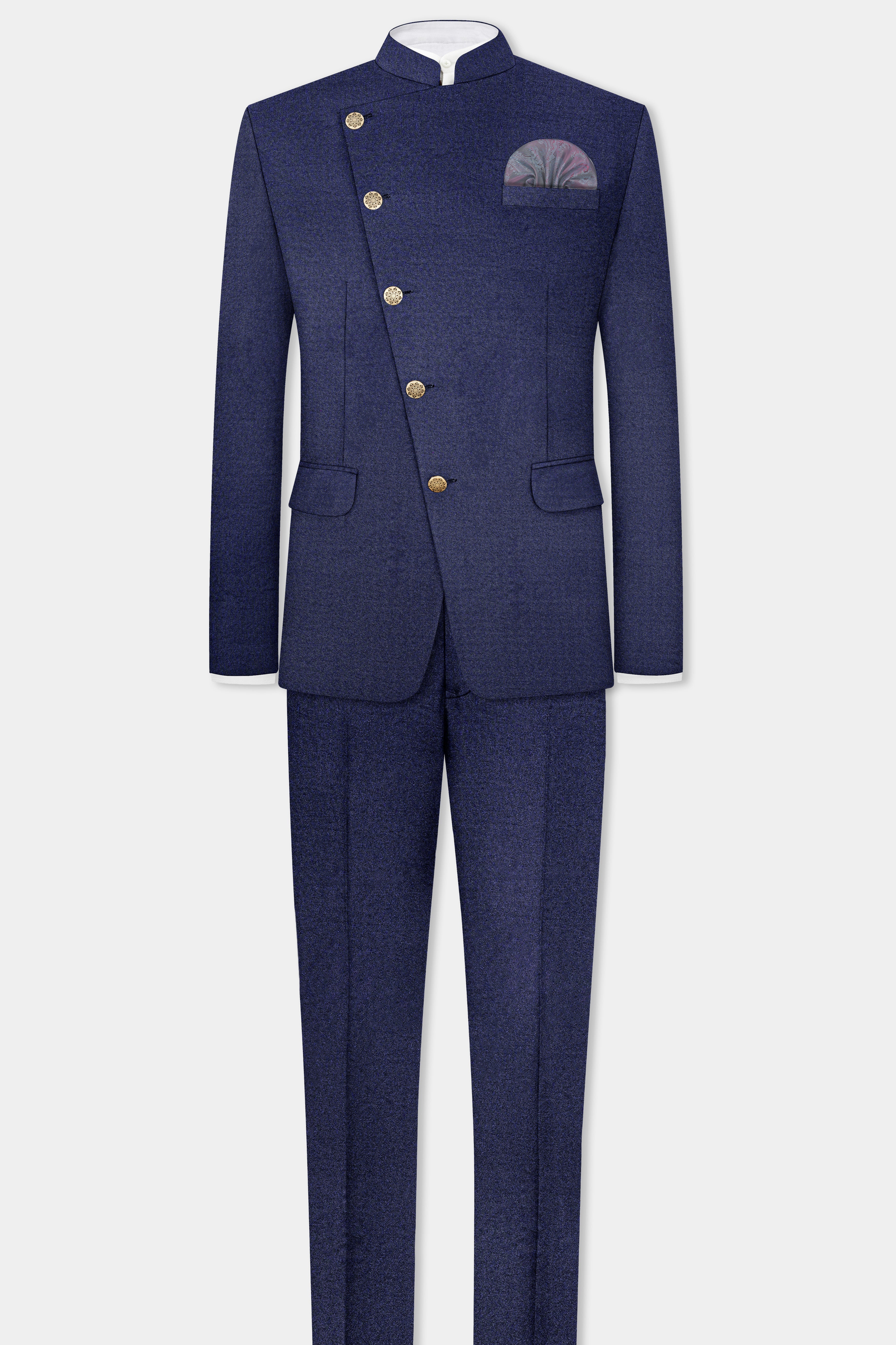 Thunder Blue Solid Wool Blend Cross Placket Bandhgala Suit