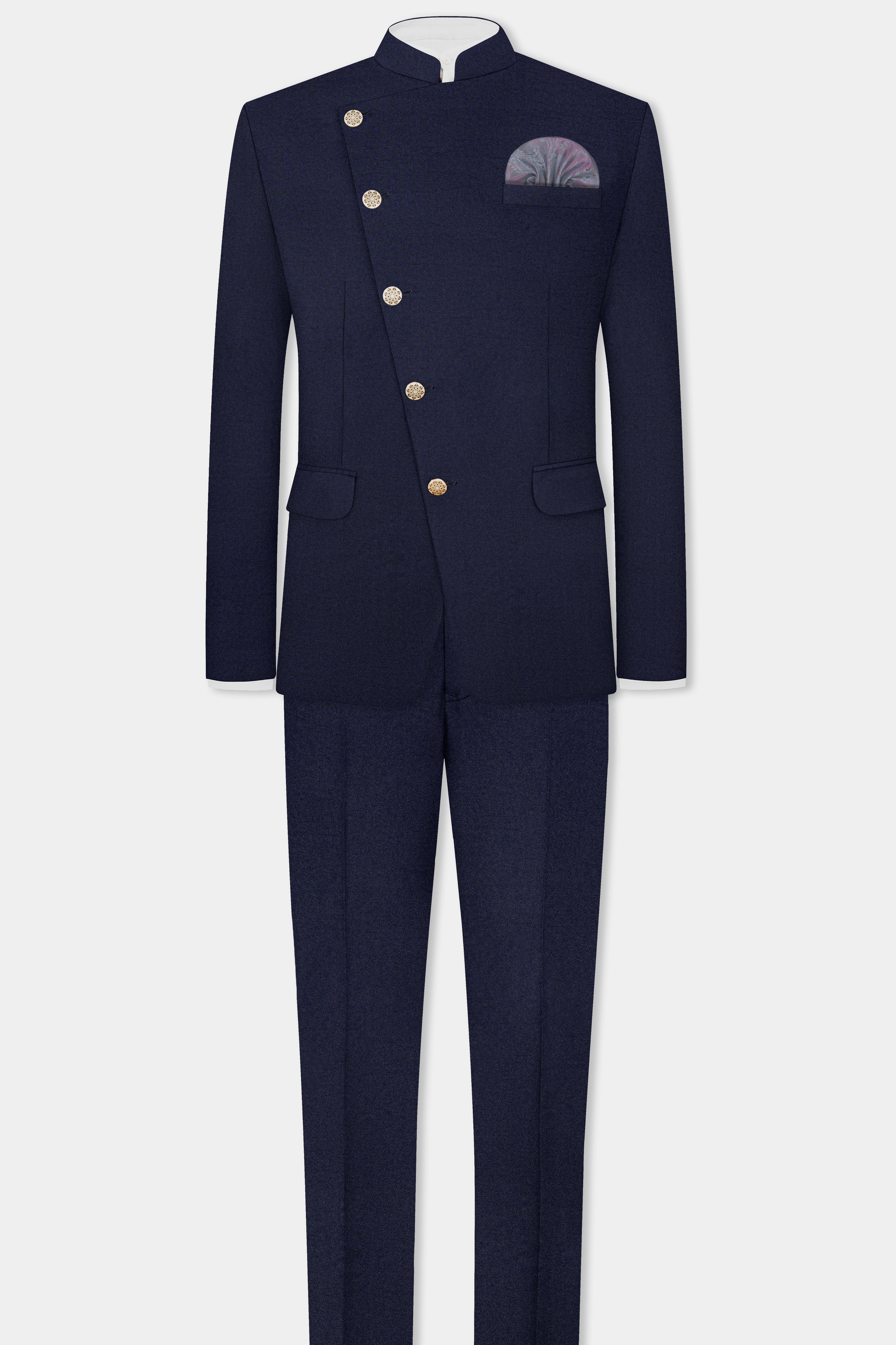 Thunder Blue Solid Wool Blend Cross Placket Bandhgala Suit