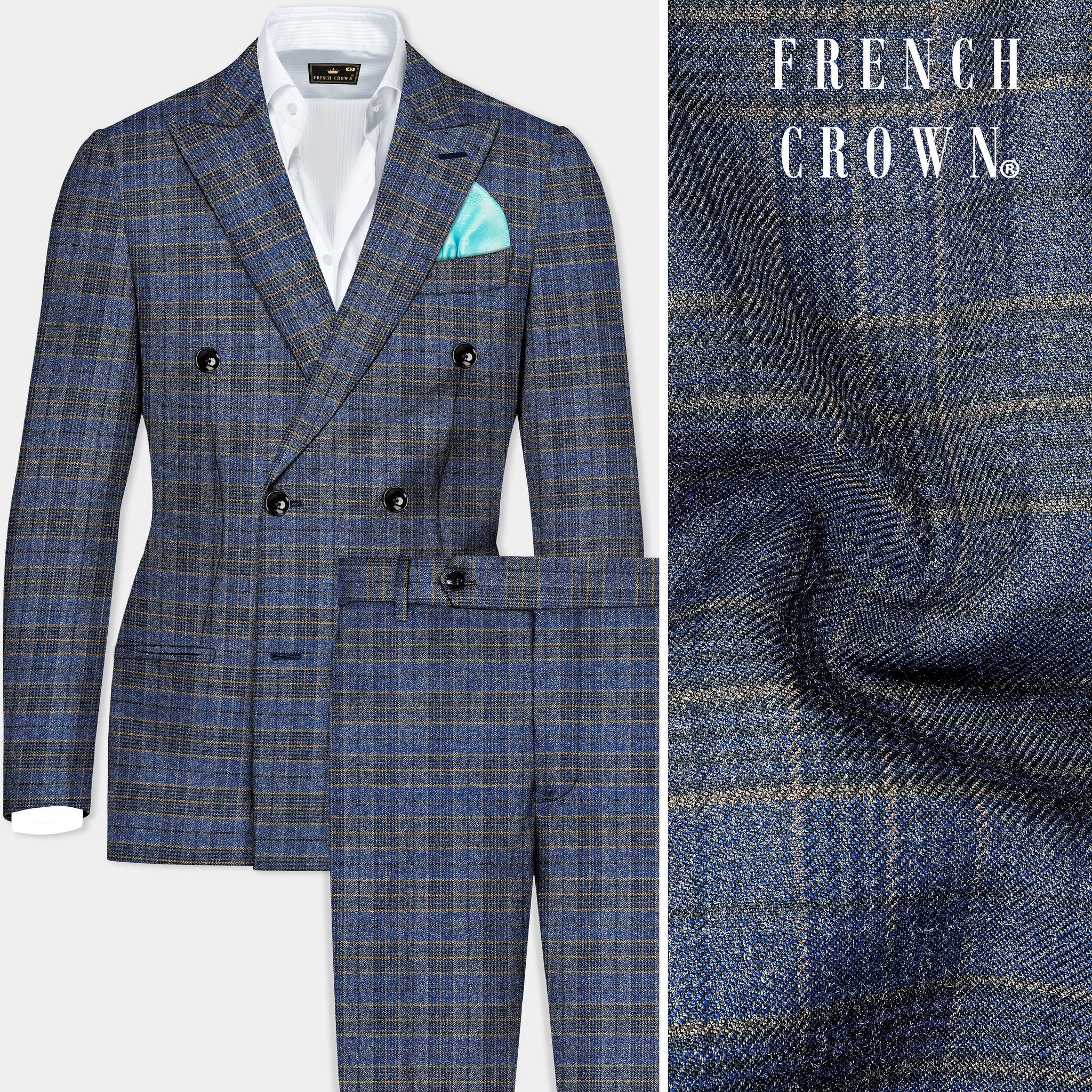 Dianne Blue Plaid Premium Wool Blend Double Breasted Suit For Men.