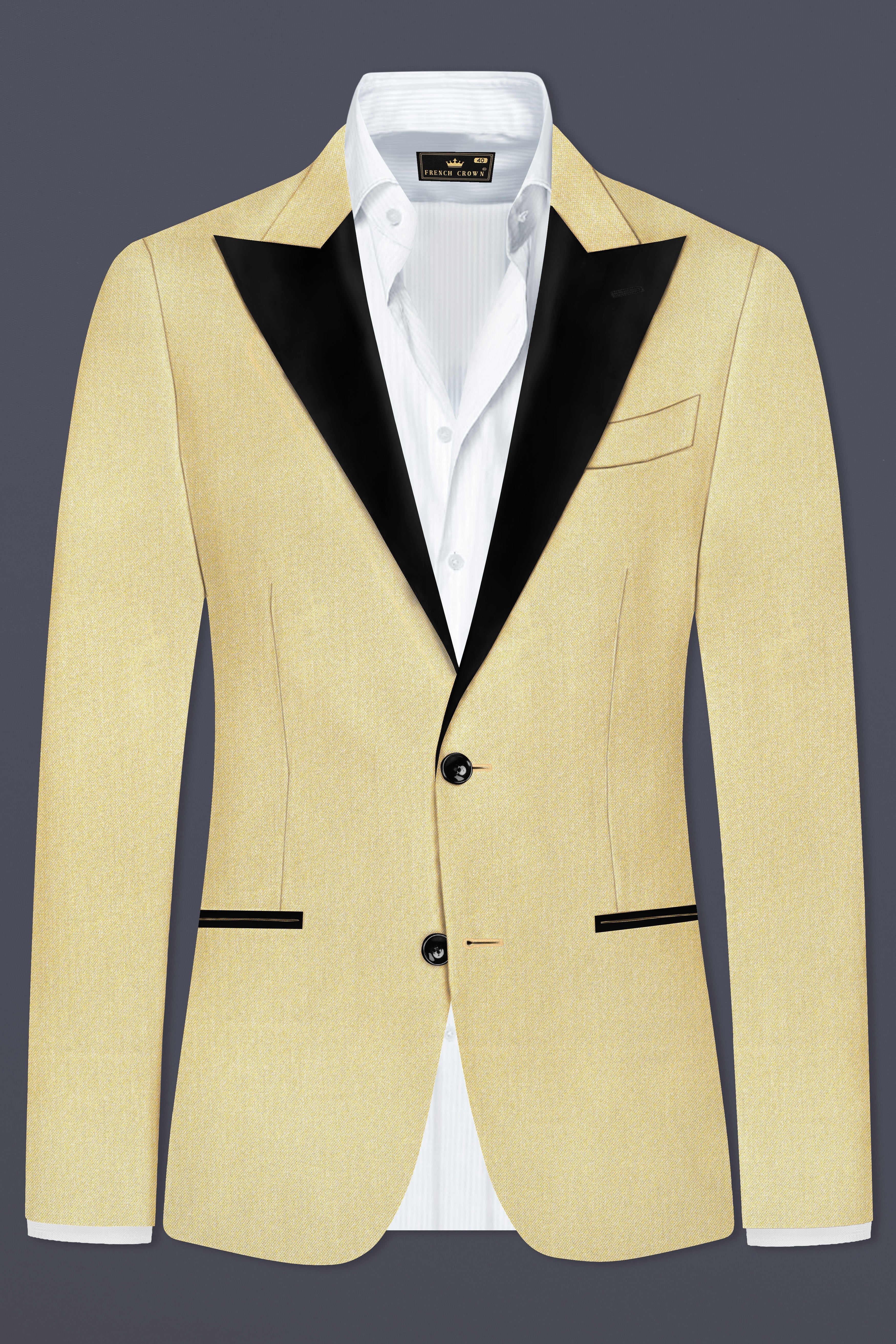 Marzipan Cream Textured Wool Blend Peak Collar Tuxedo Suit