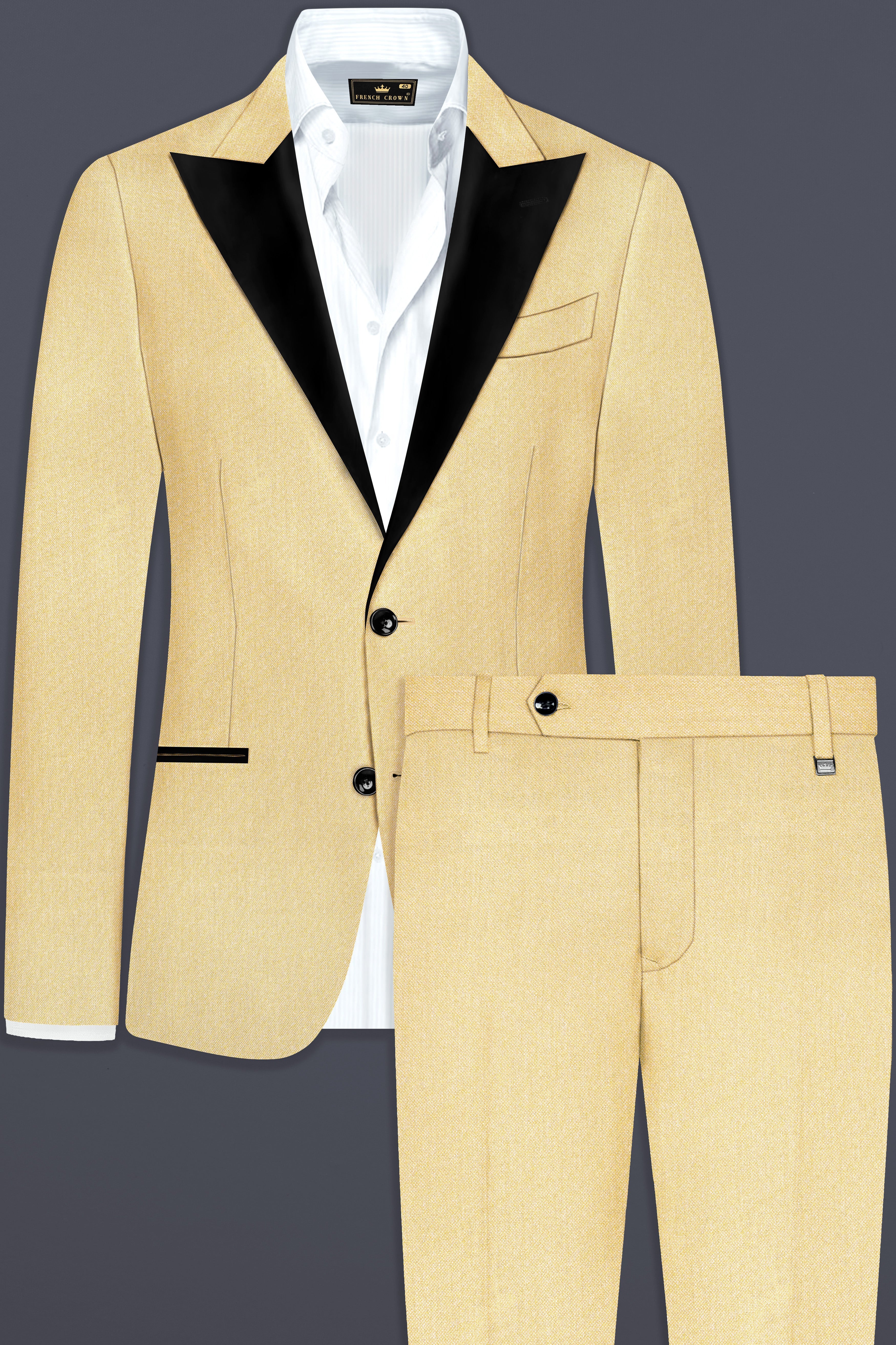 Marzipan Cream Textured Wool Blend Peak Collar Tuxedo Suit