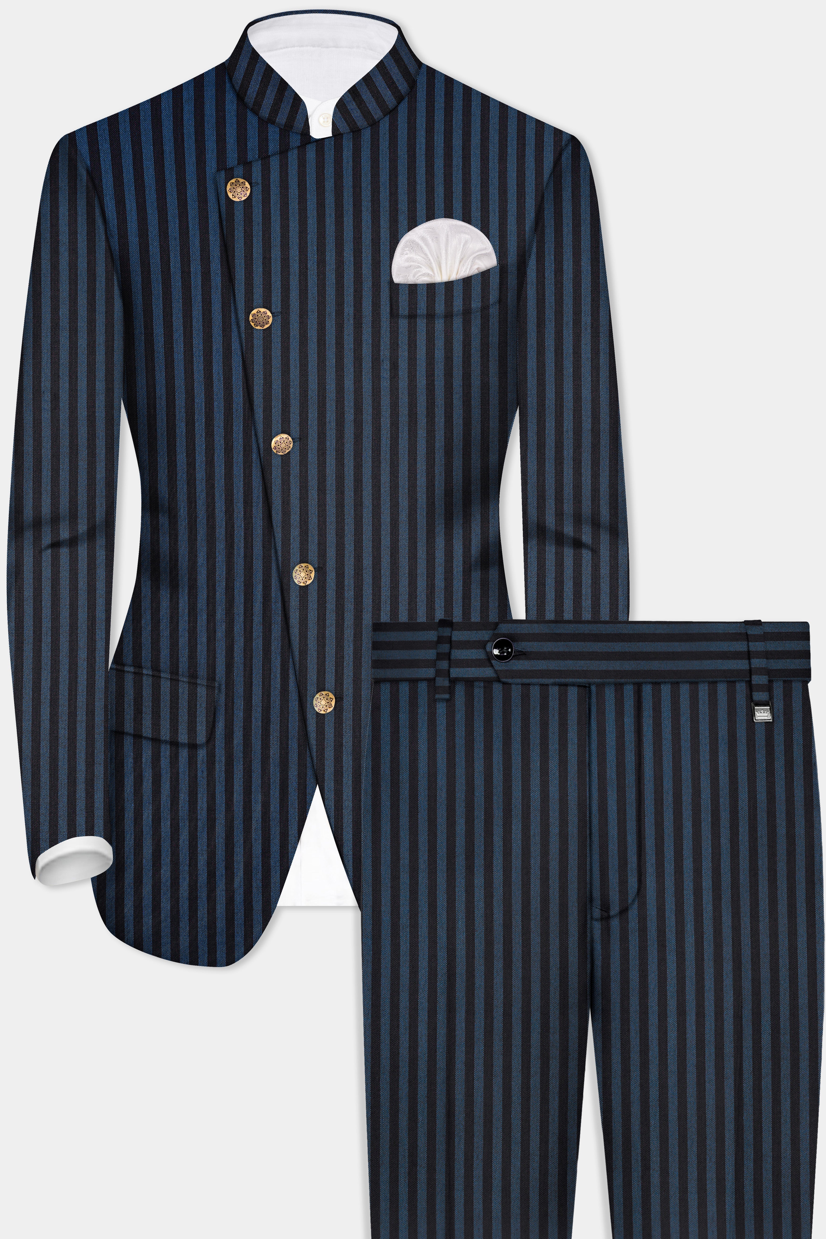 Tiber Blue And Jade Black Striped Wool Blend Cross Placket Bandhgala Suit