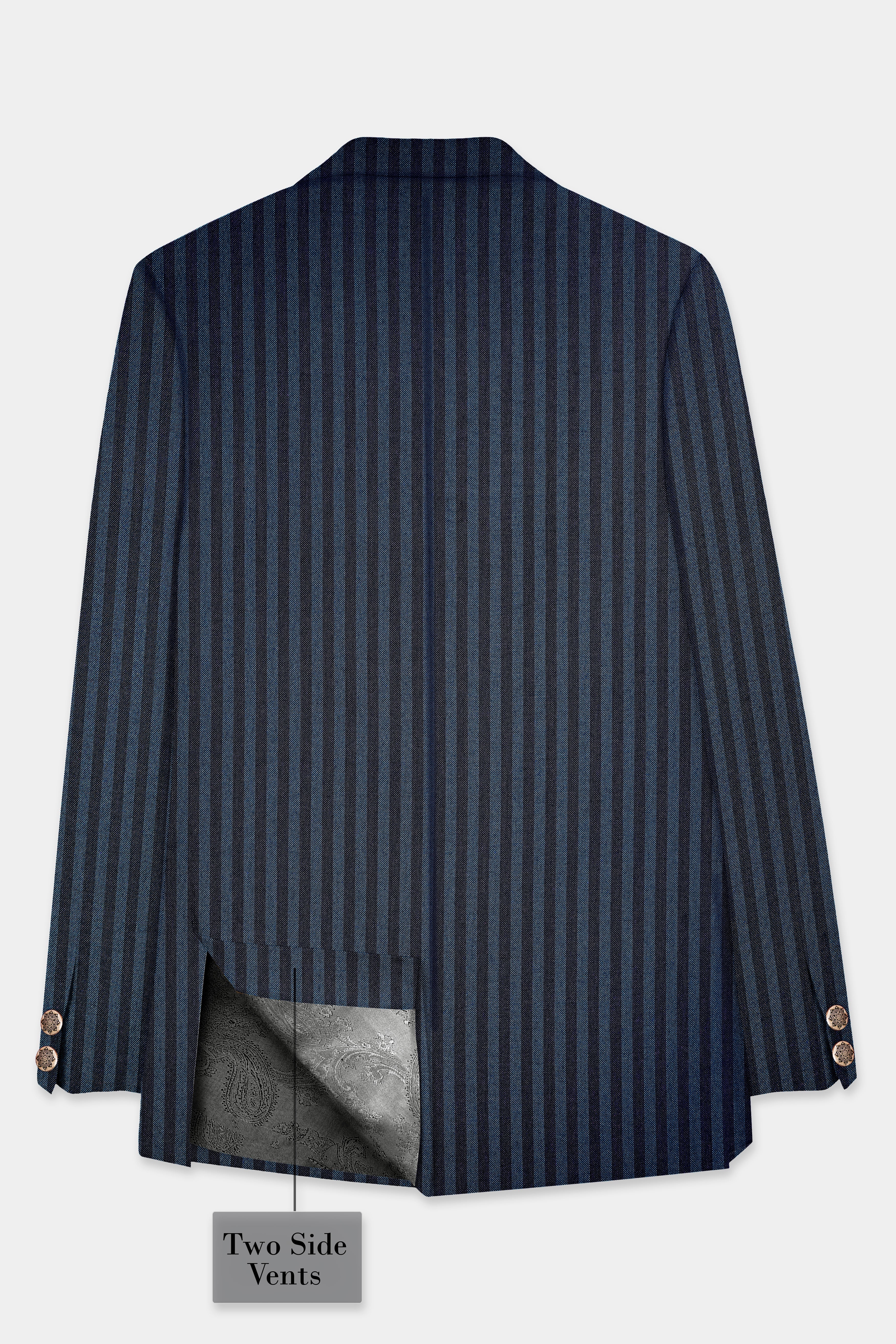 Tiber Blue And Jade Black Striped Wool Blend Cross Placket Bandhgala Suit