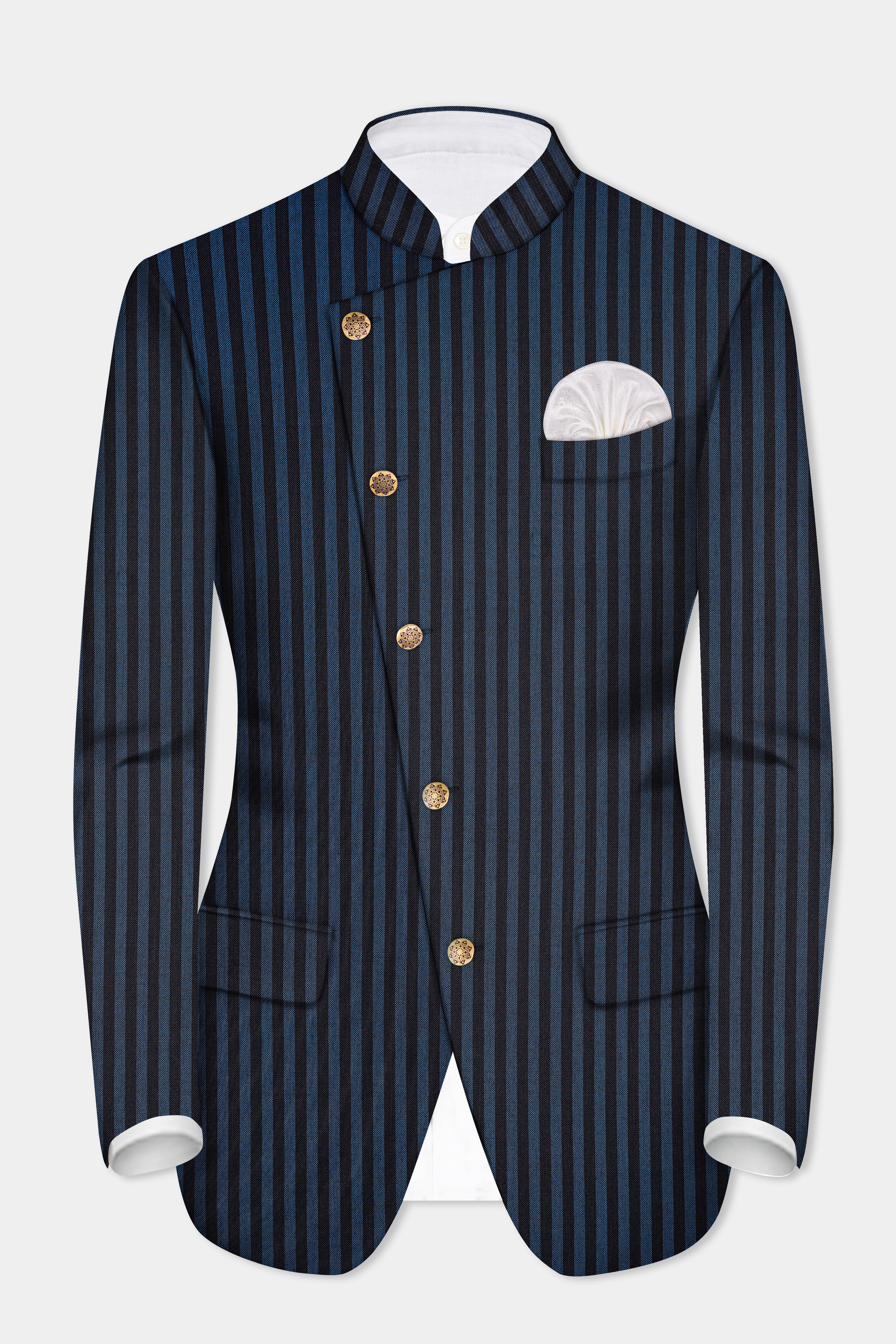 Tiber Blue And Jade Black Striped Wool Blend Cross Placket Bandhgala Suit