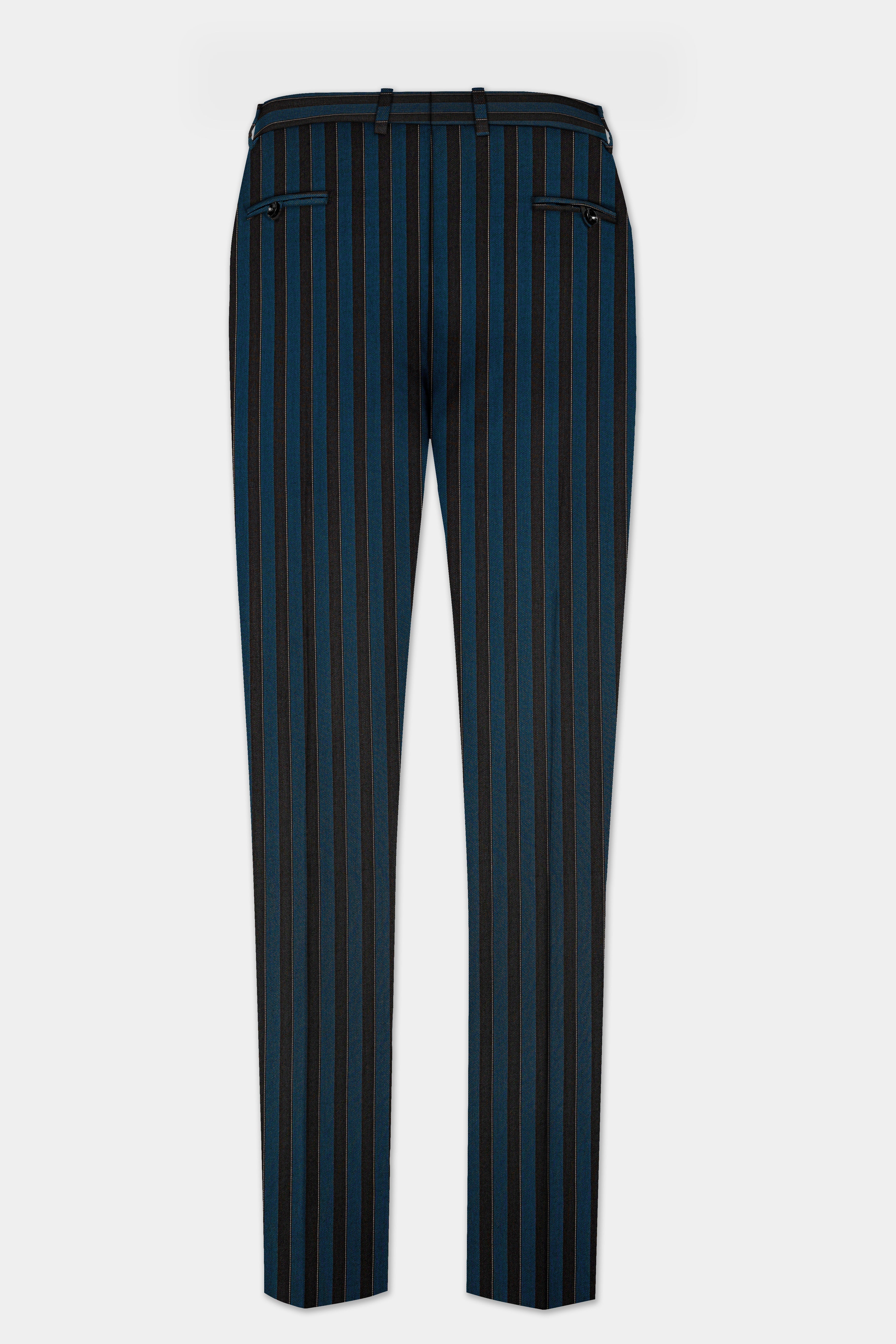 Daintree Blue And Jade Black Striped Wool Blend Cross Placket Bandhgala Suit