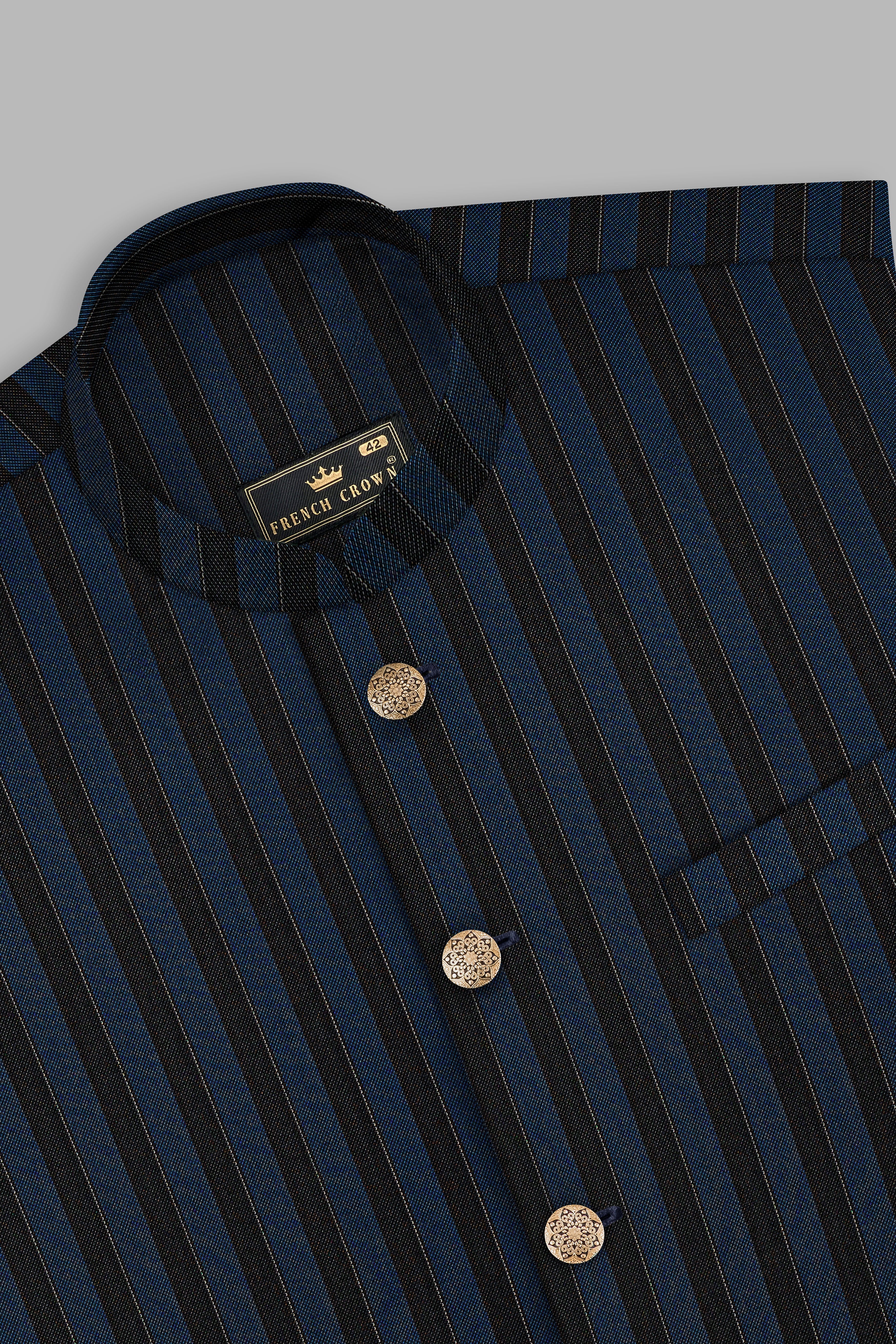 Daintree Blue And Jade Black Striped Wool Blend Cross Placket Bandhgala Suit