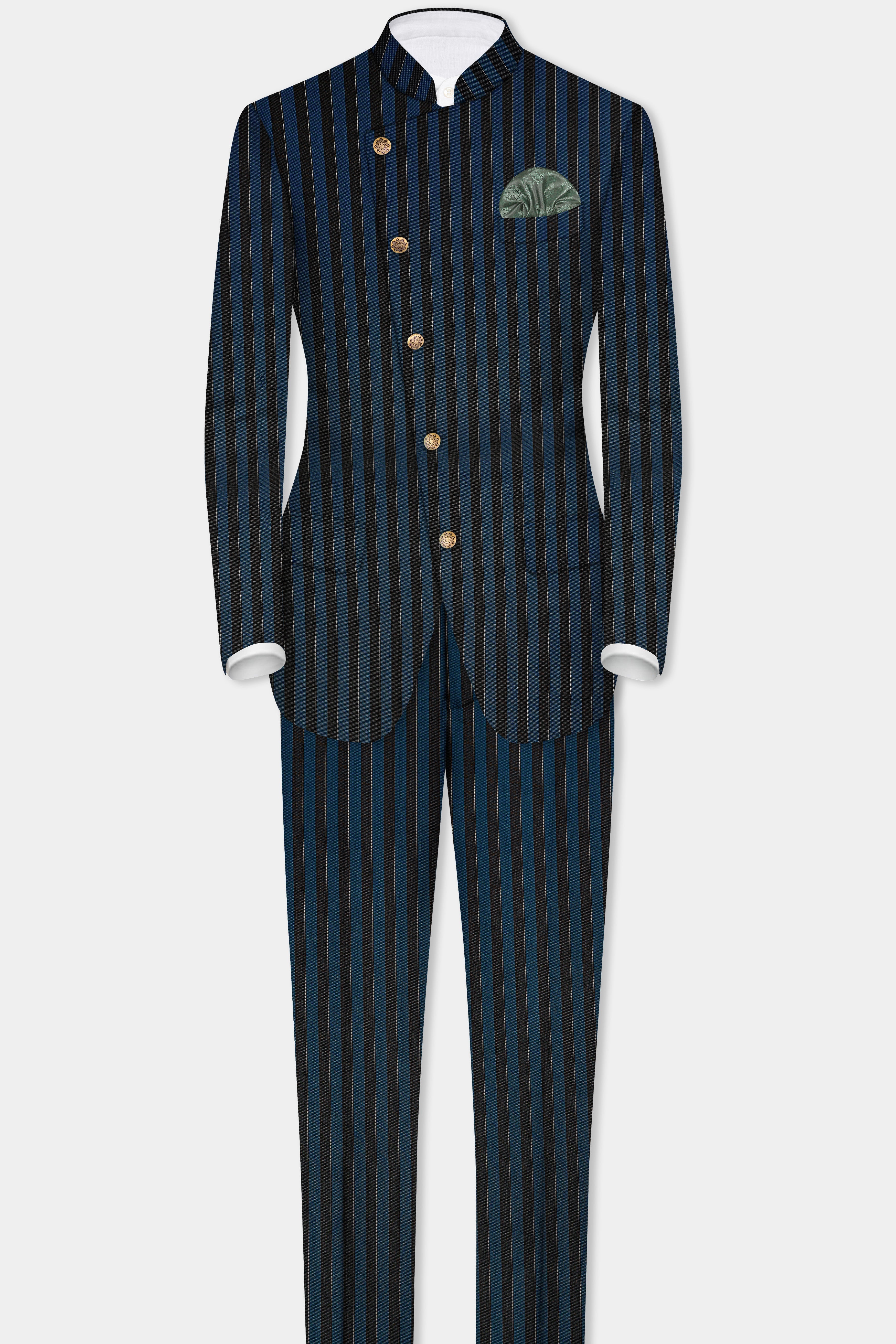 Daintree Blue And Jade Black Striped Wool Blend Cross Placket Bandhgala Suit