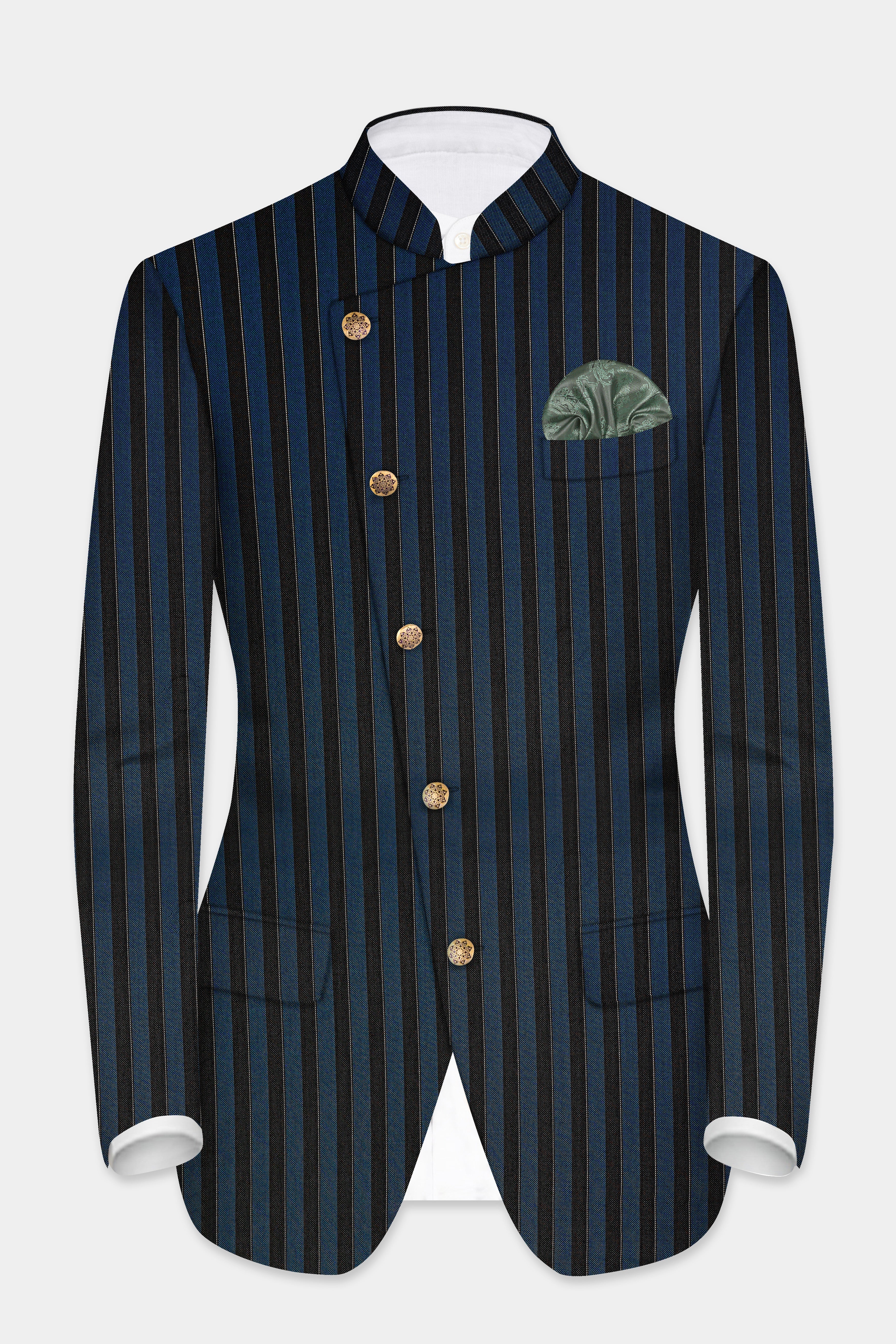 Daintree Blue And Jade Black Striped Wool Blend Cross Placket Bandhgala Suit