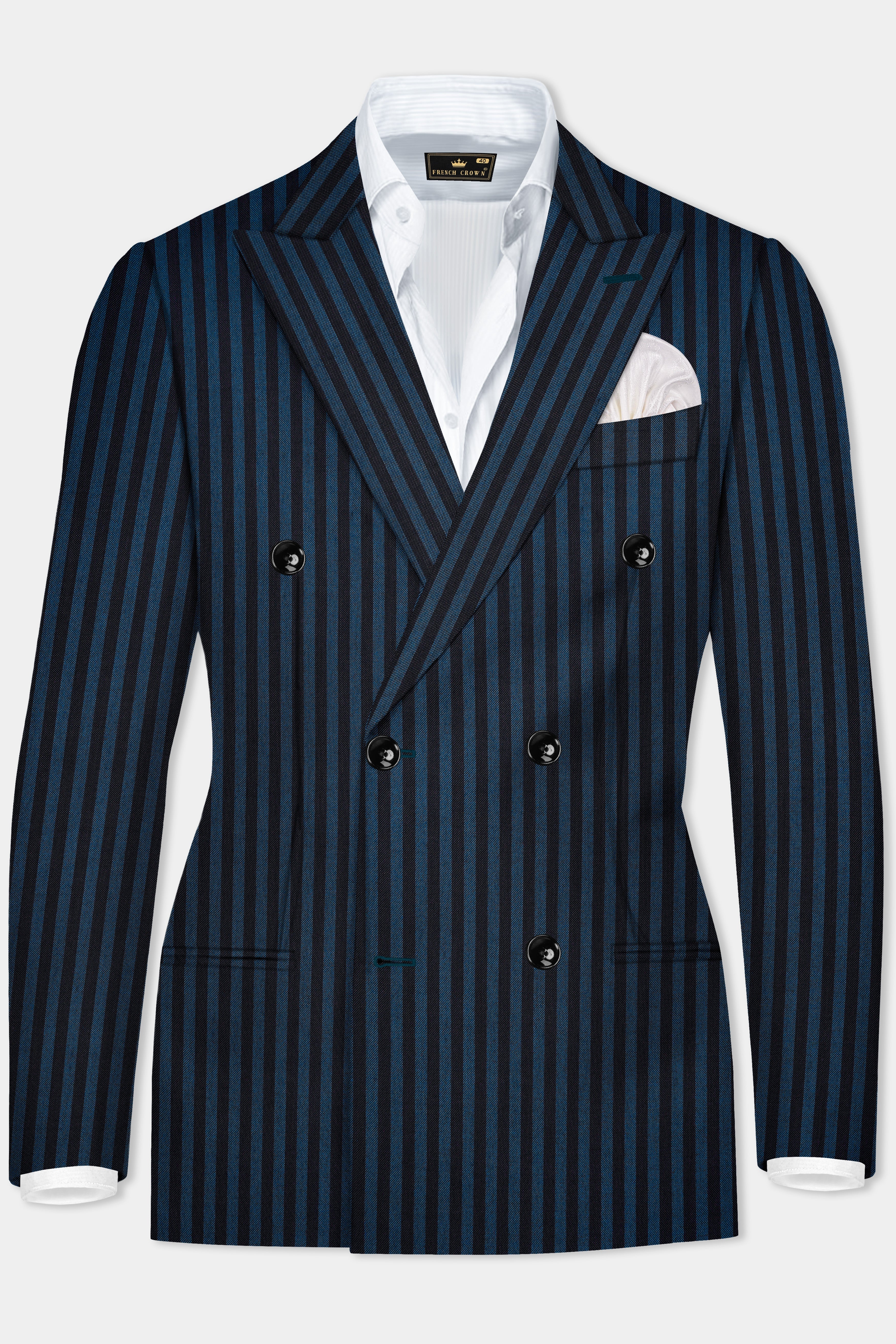 Tiber Blue And Jade Black Striped Wool Blend Double Breasted Suit