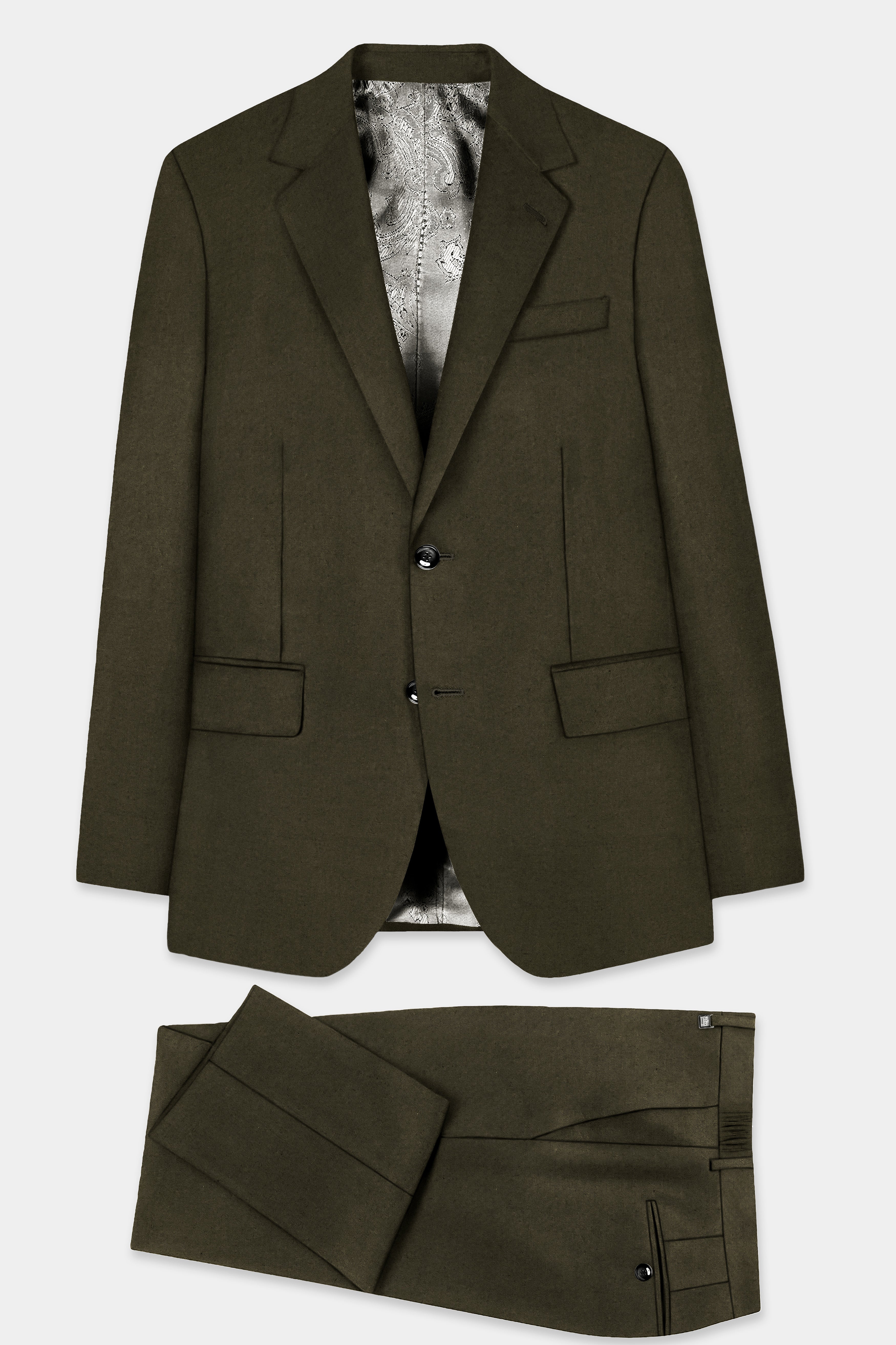 Bistre Green Solid Cotton Single Breasted Suit