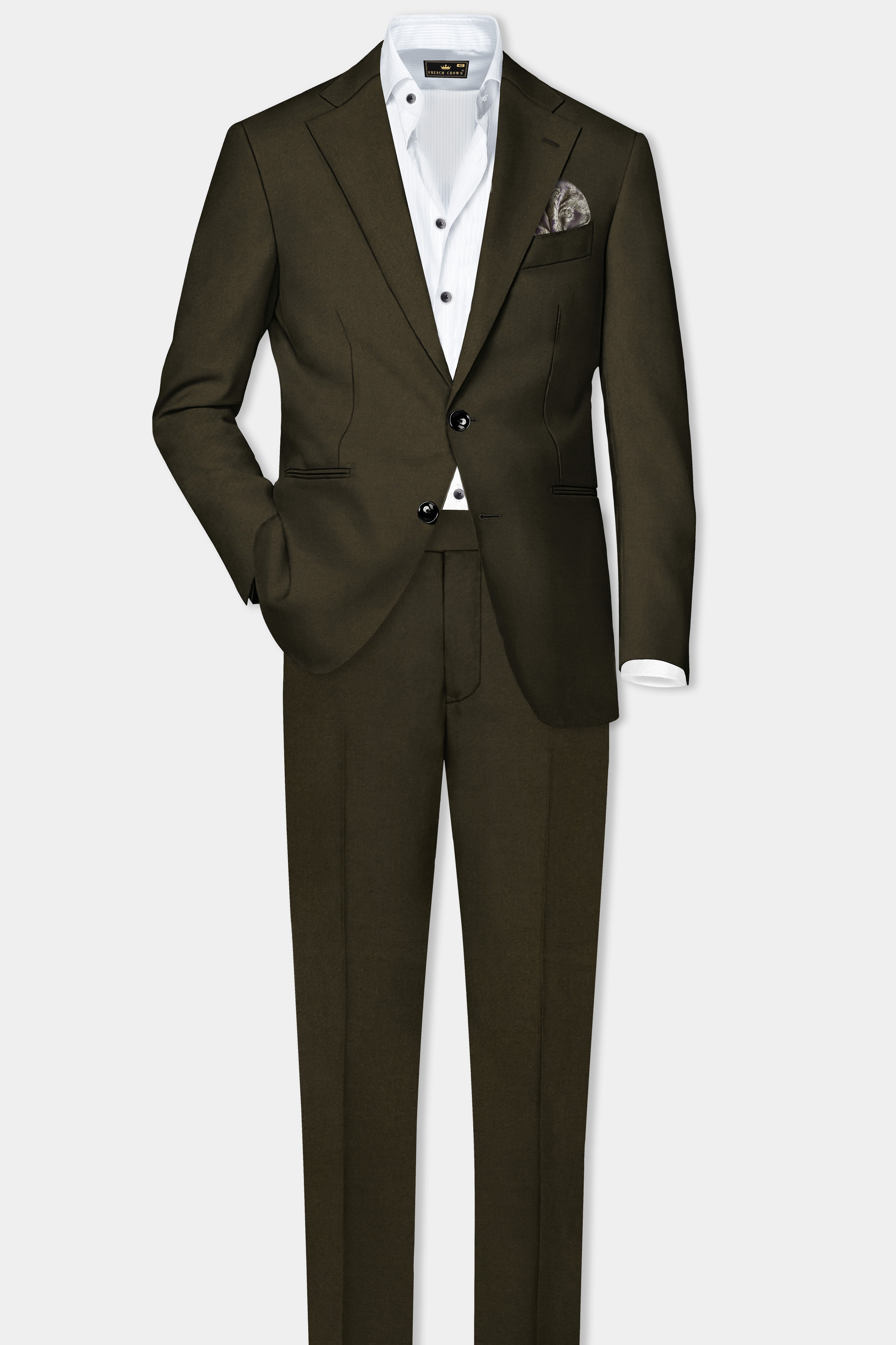 Bistre Green Solid Cotton Single Breasted Suit