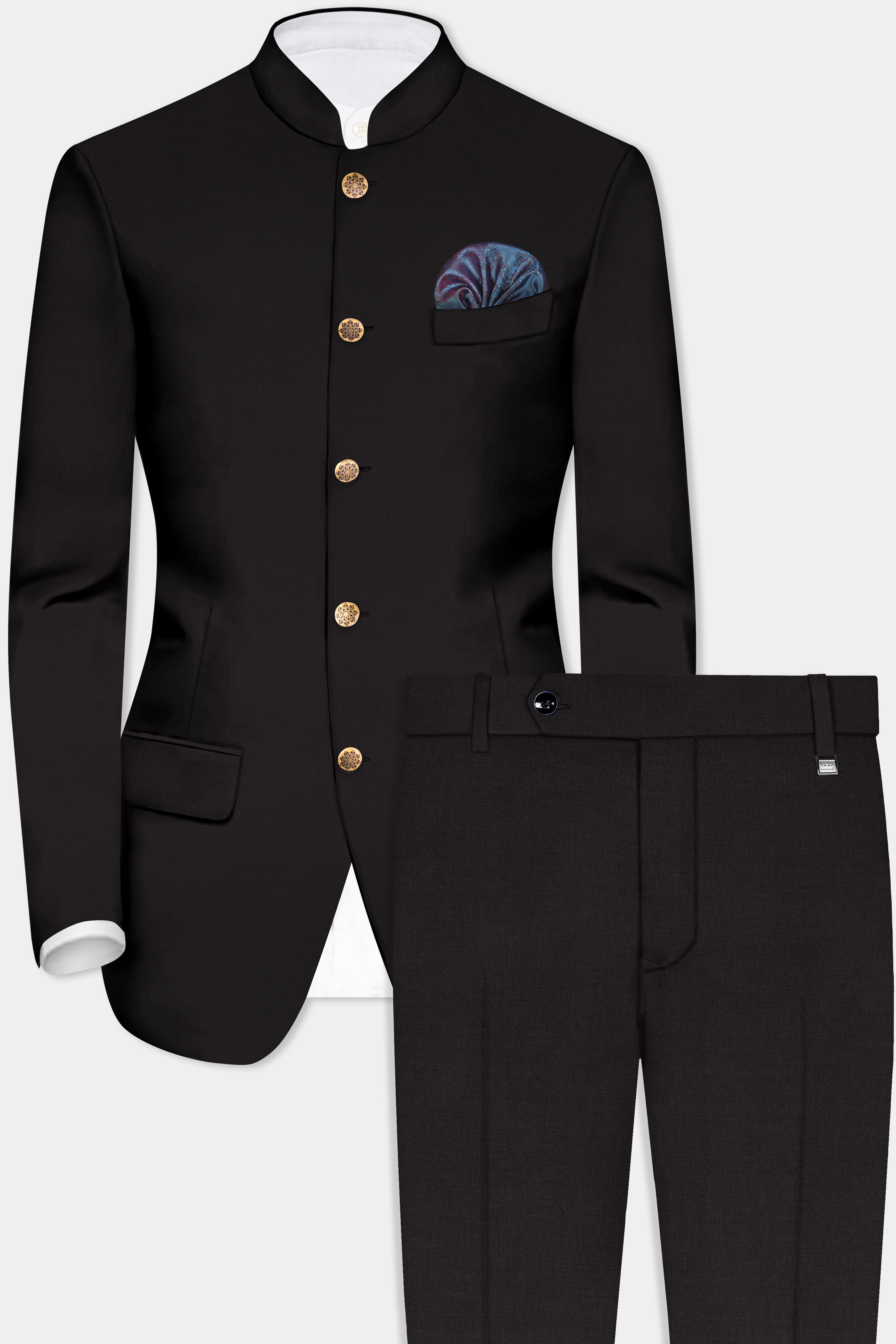 Zeus Black Solid Wool Rich Bandhgala Suit