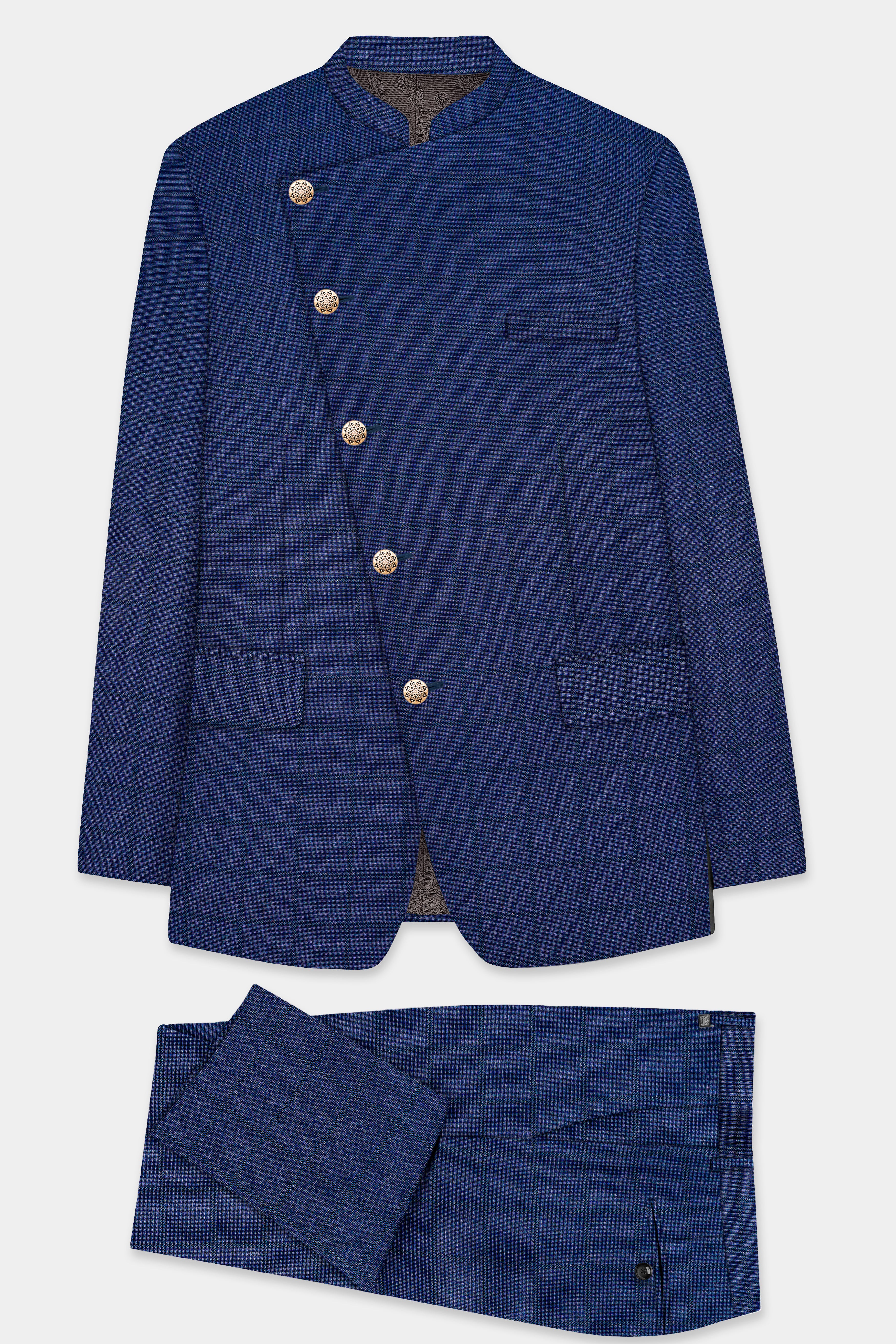 Tealish Blue Plaid Wool Rich Cross Placket Bandhgala Suit