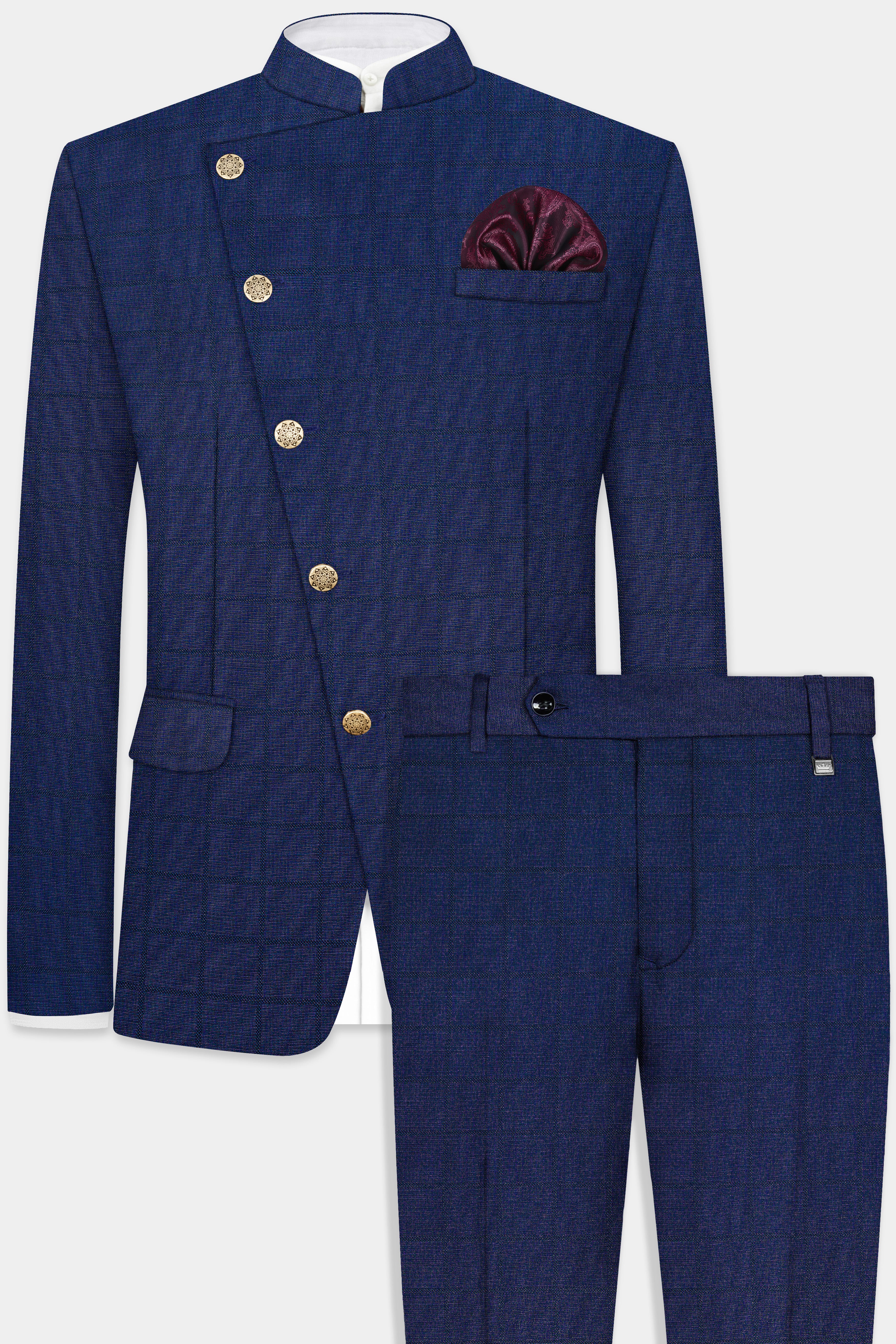 Tealish Blue Plaid Wool Rich Cross Placket Bandhgala Suit