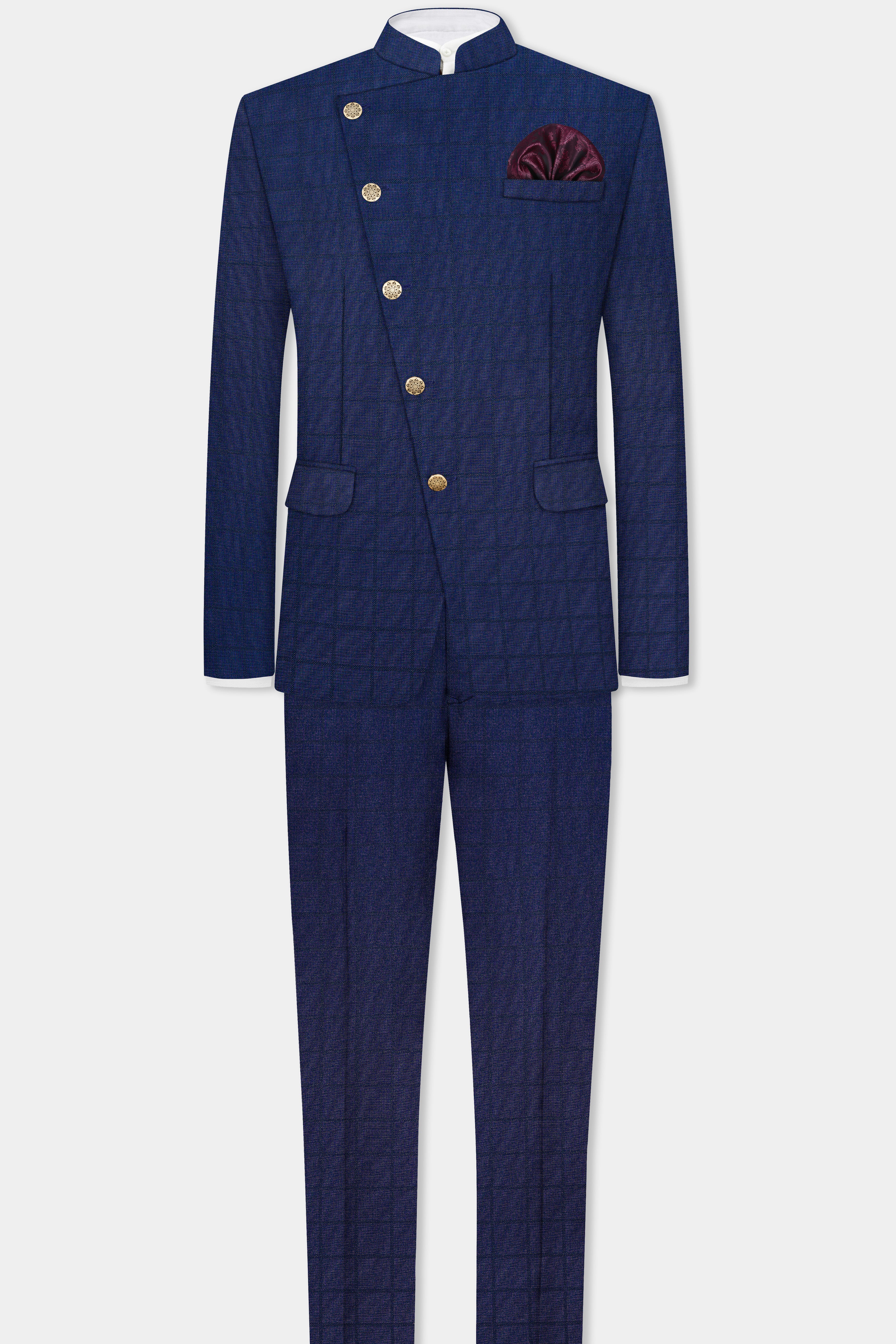 Tealish Blue Plaid Wool Rich Cross Placket Bandhgala Suit