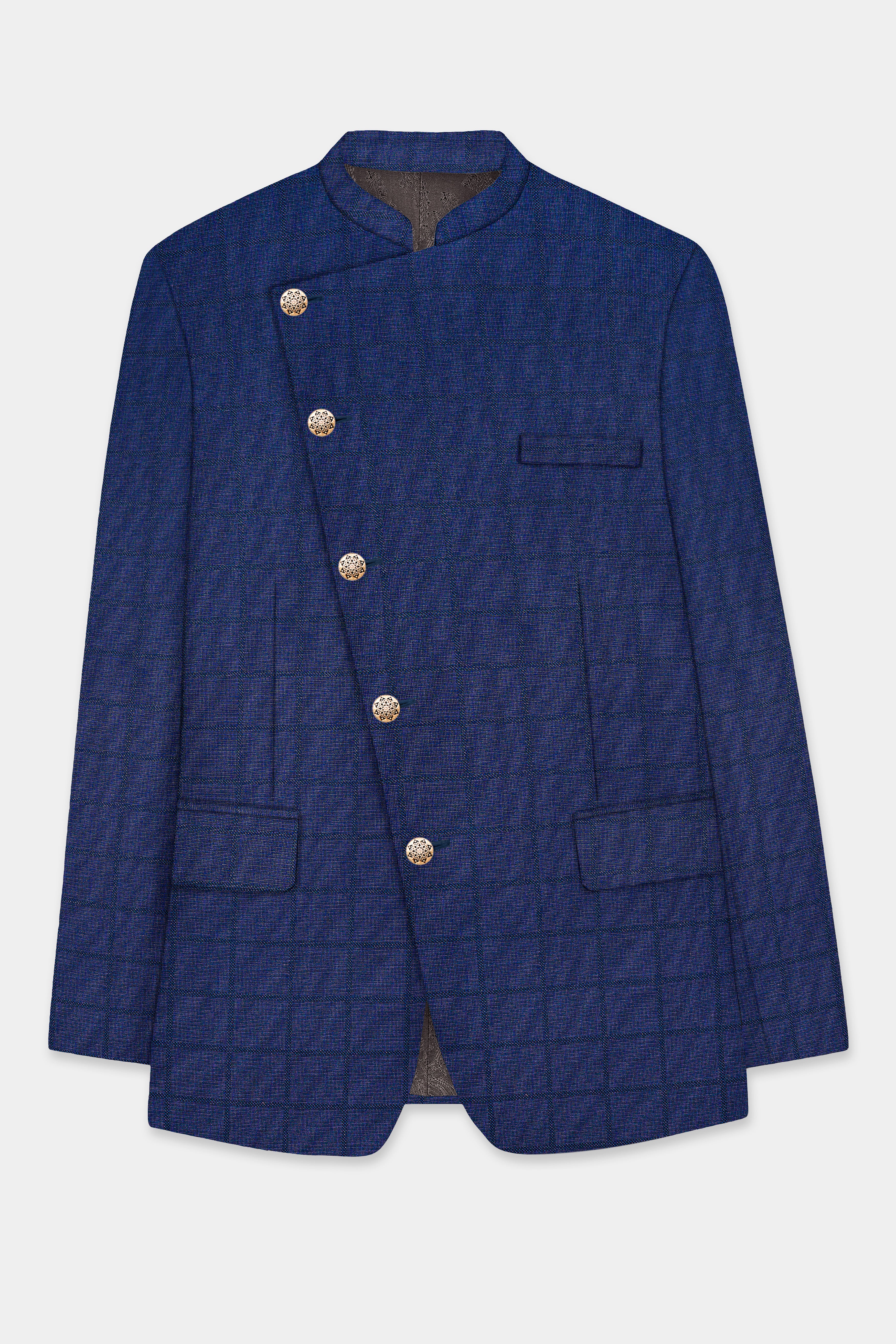 Tealish Blue Plaid Wool Rich Cross Placket Bandhgala Suit