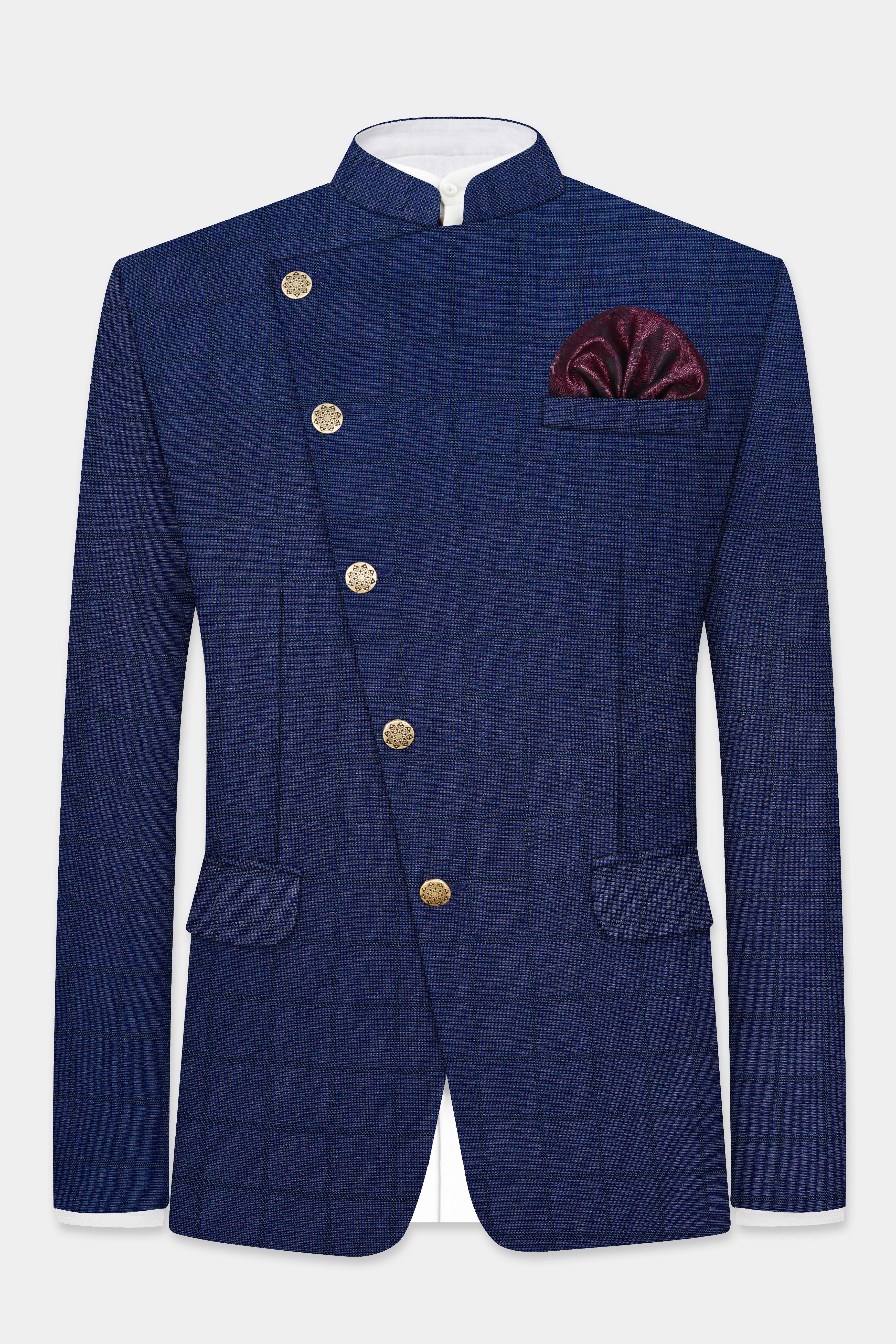 Tealish Blue Plaid Wool Rich Cross Placket Bandhgala Suit