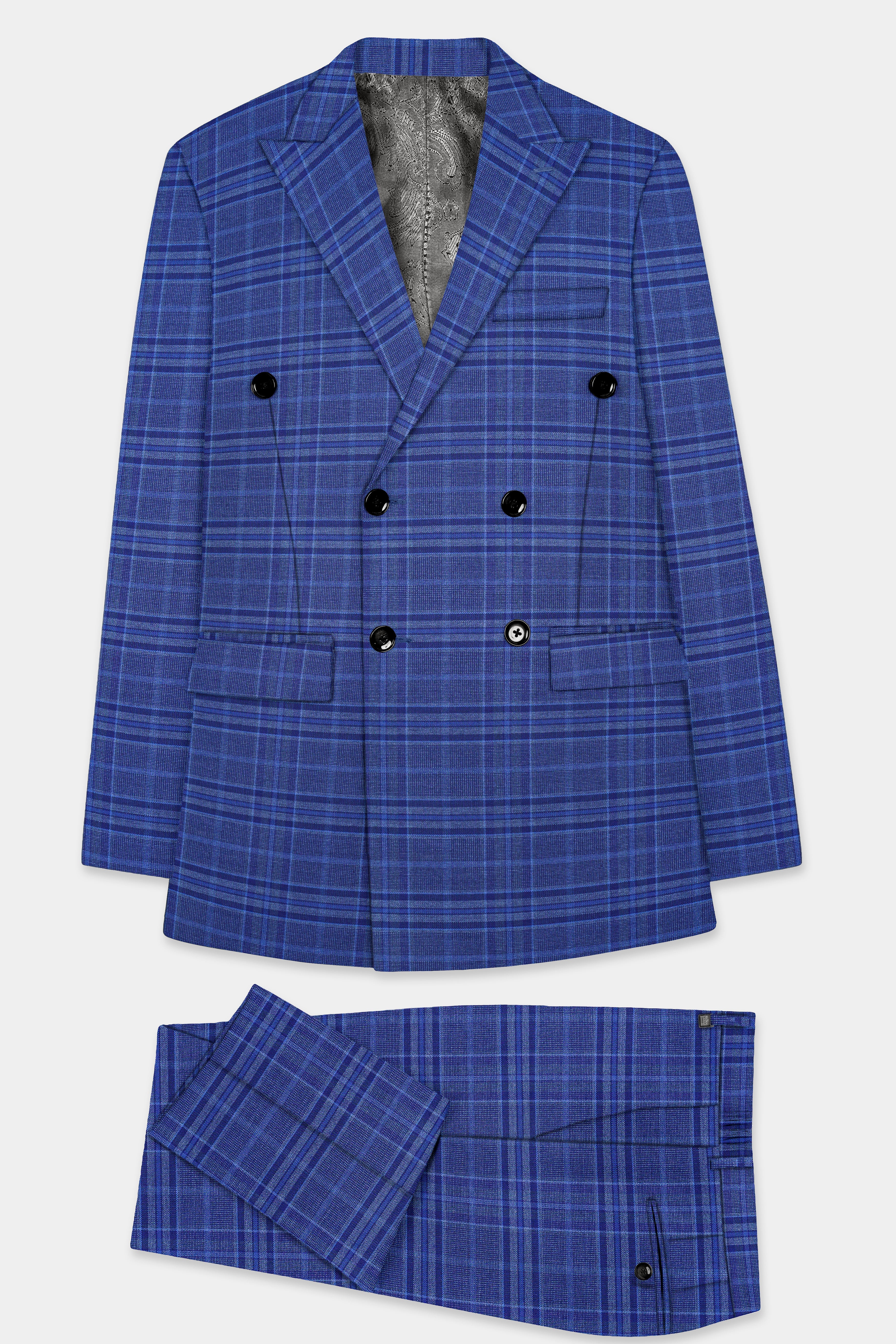 Chambray Blue Plaid Wool Rich Double Breasted Suit