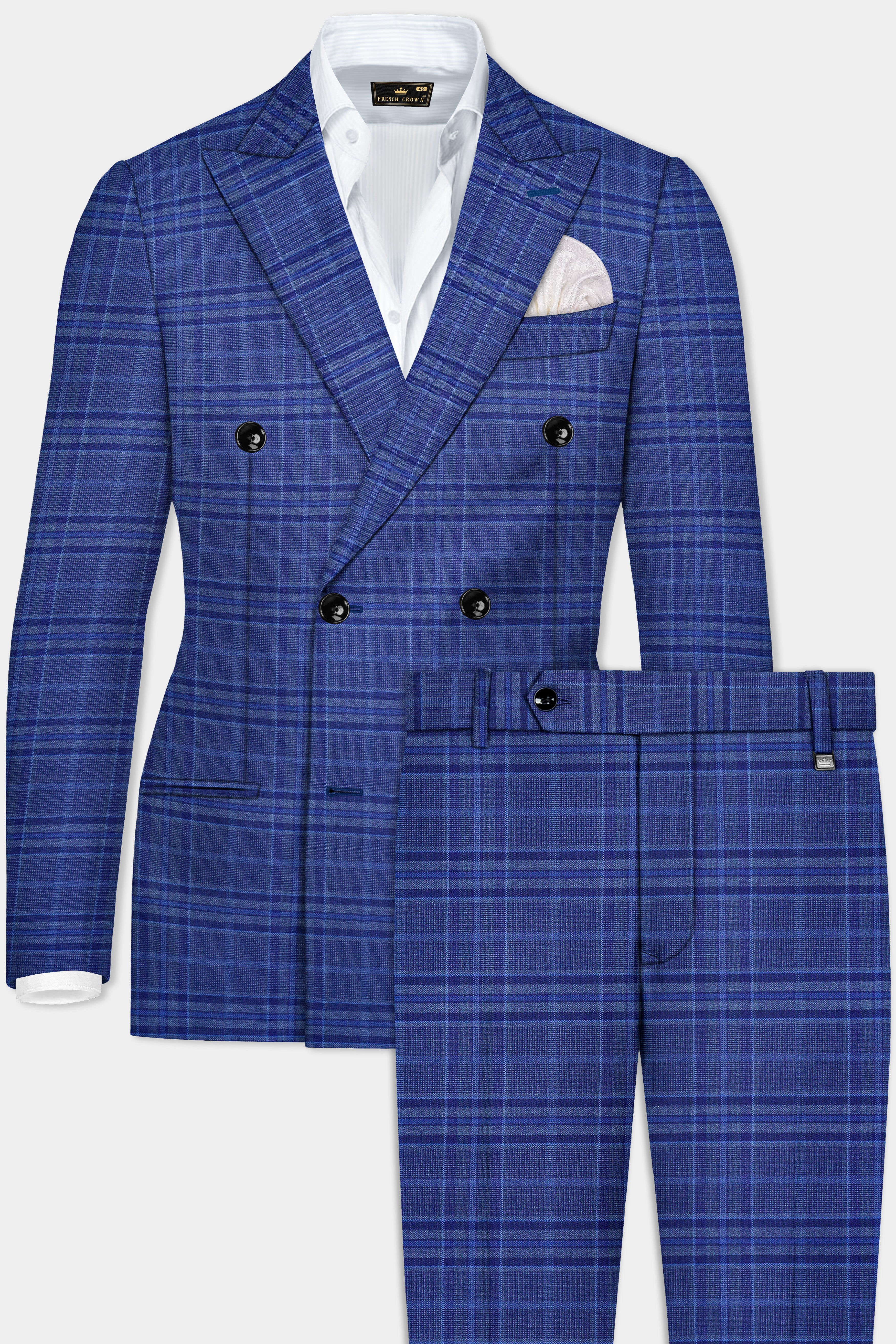 Chambray Blue Plaid Wool Rich Double Breasted Suit